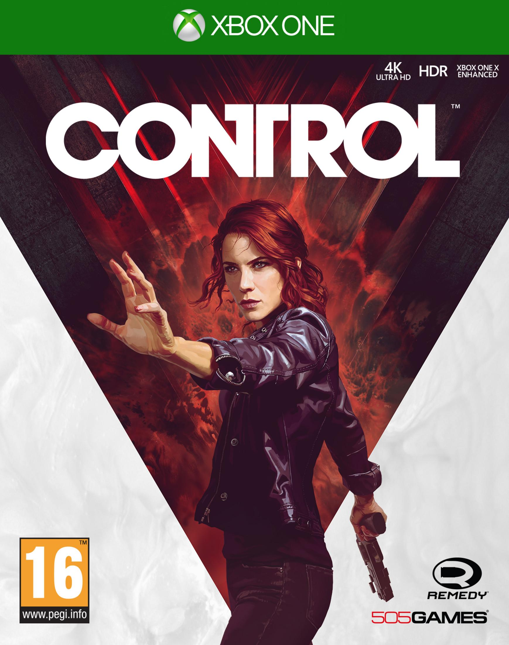 Cover: Frau mit roten Haaren, Waffe, Xbox One Spiel 'Control'.