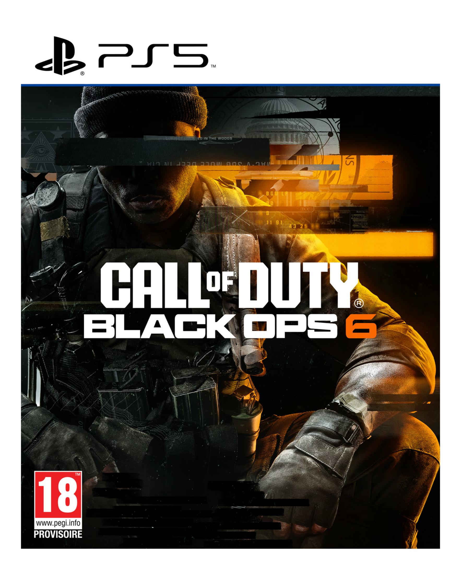 Gioco PS5 "Call of Duty: Black Ops 6" con soldato e classificazione "18".