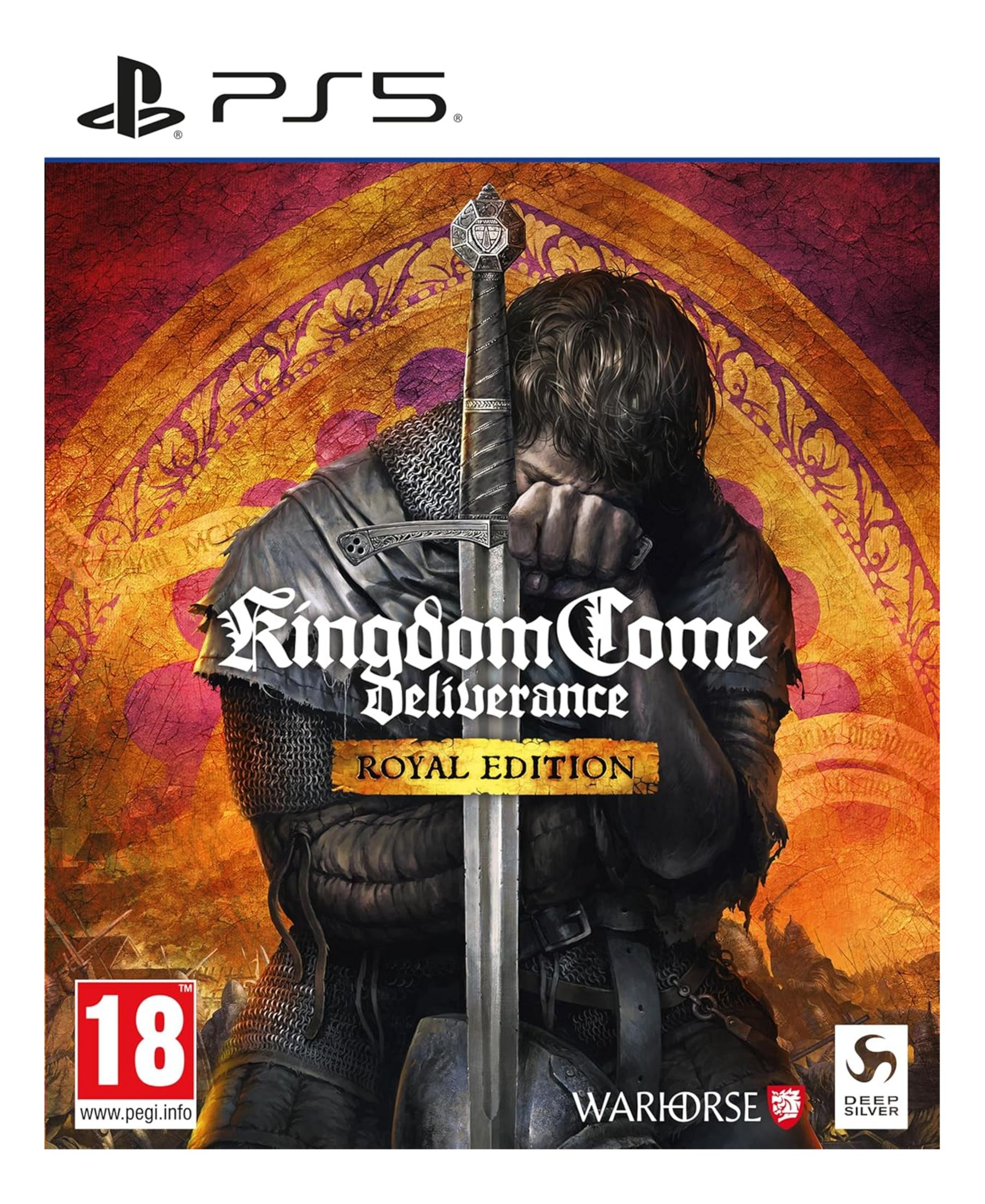 Copertina Kingdom Come: Deliverance Royal Edition per PS5, con cavaliere e spada.