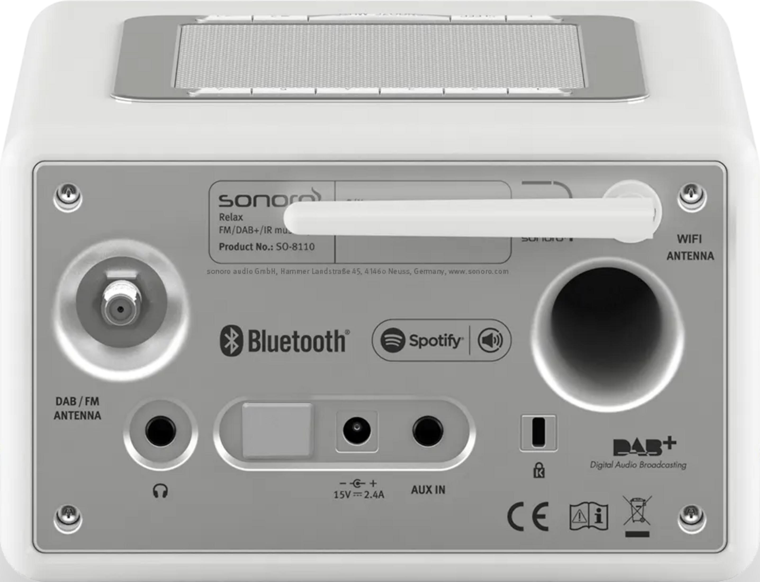 Back of a white radio with ports for DAB/FM antenna, Bluetooth, Spotify, and Aux.