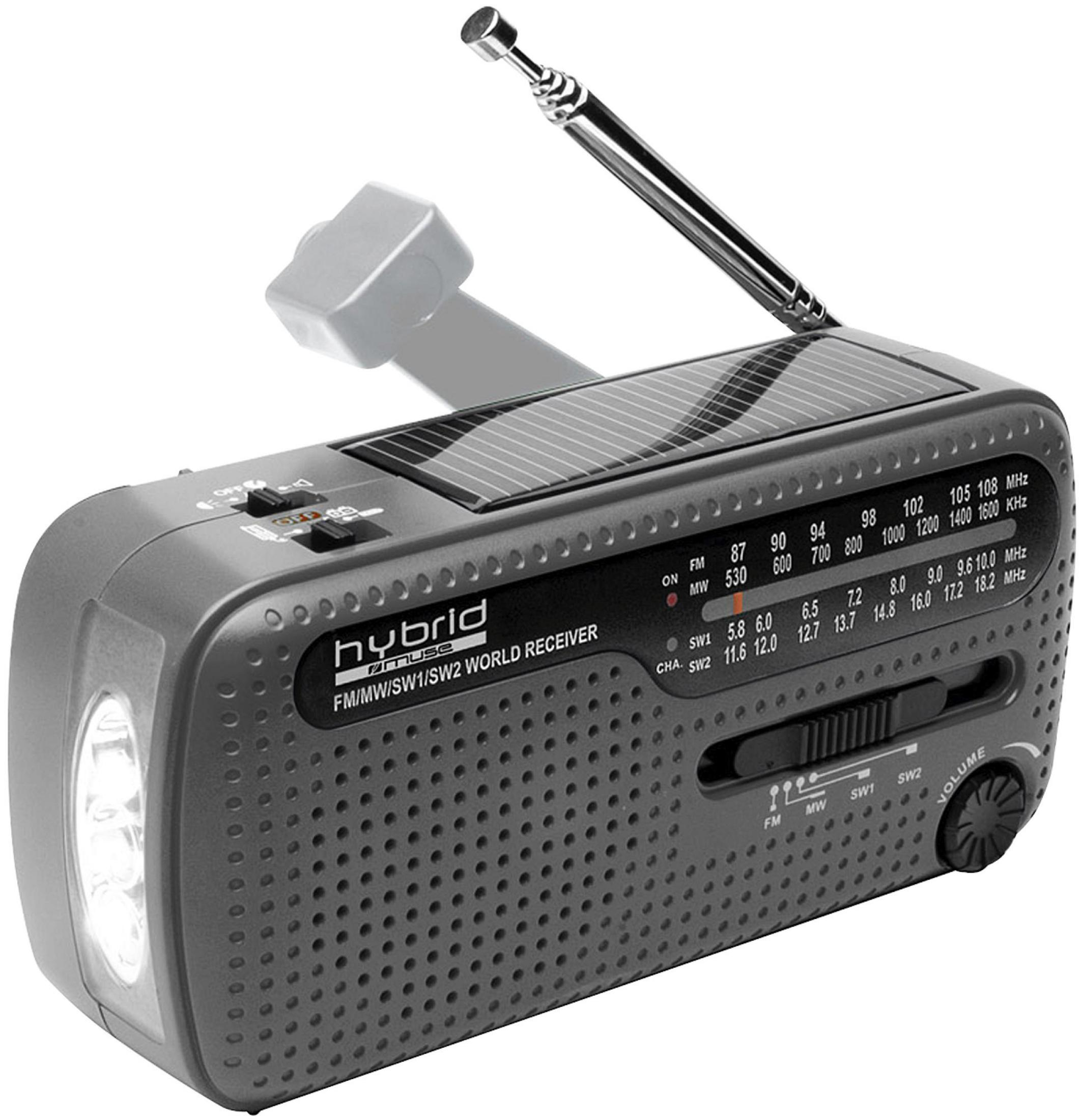 Gray Hybrid radio with solar panel, extendable antenna, LED light, and frequency dial.