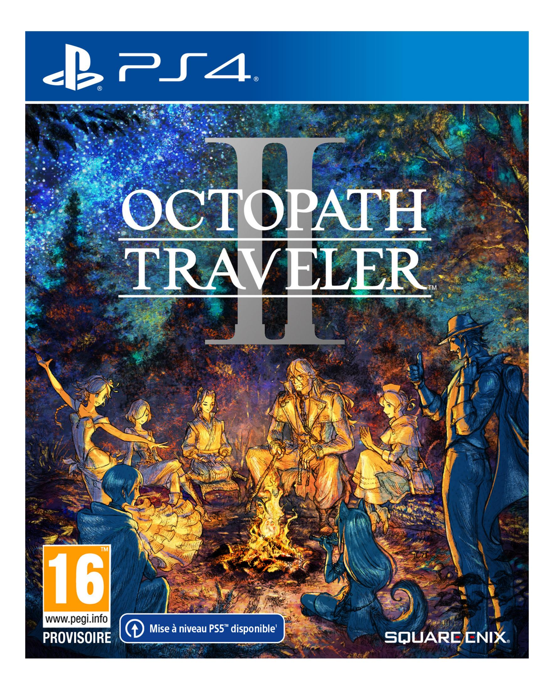 Gioco PS4 "Octopath Traveler II" con personaggi attorno a un falò sotto un cielo stellato.