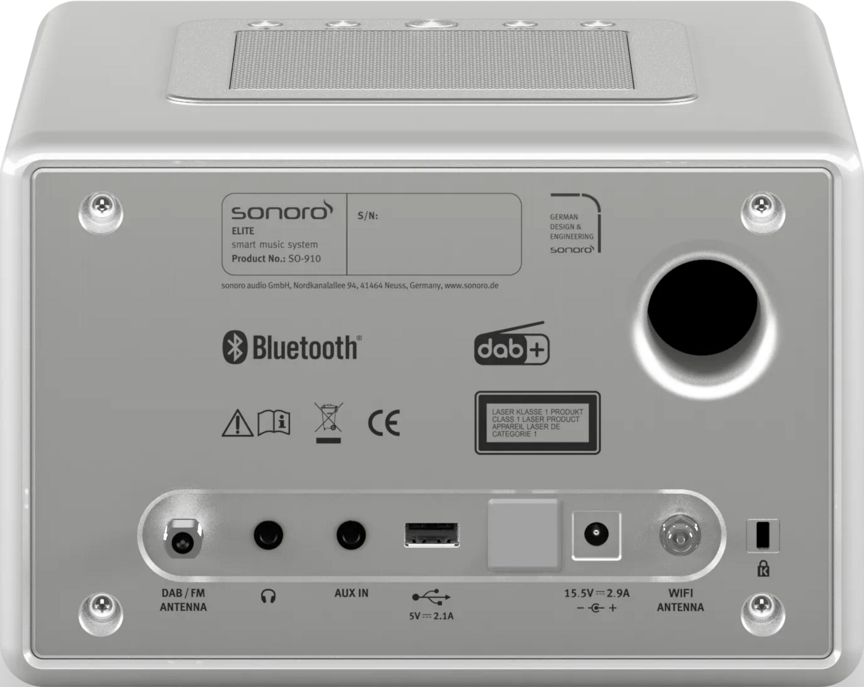 Achterkant van een wit Sonoro Elite smart muzieksysteem met poorten.