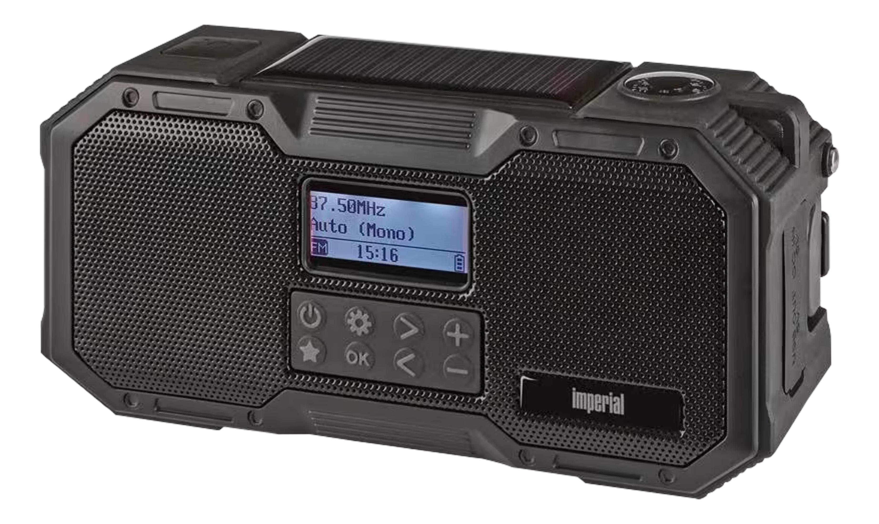 Schwarzes, robustes Radio mit Solarpanel, Display und Bedienelementen.