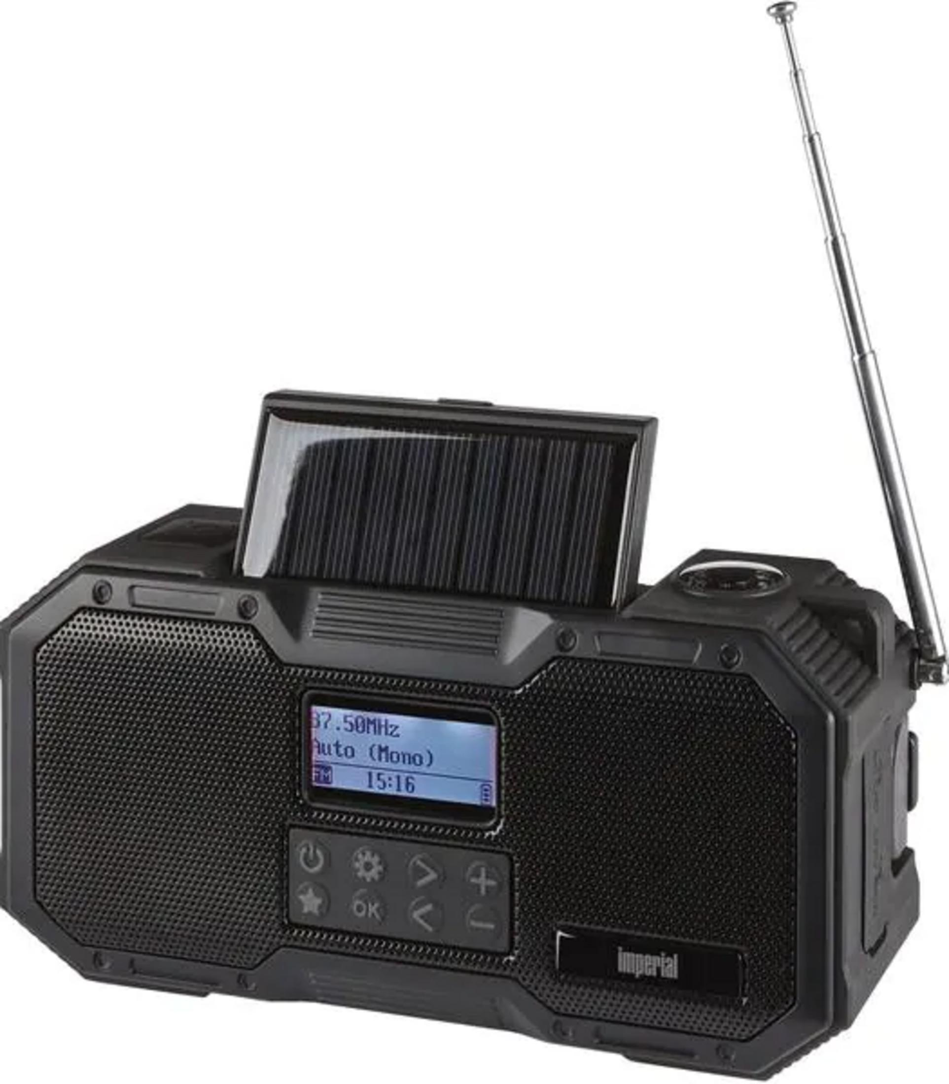 Schwarzer tragbarer Radio mit Solarpanel, Antenne und LCD-Bildschirm.