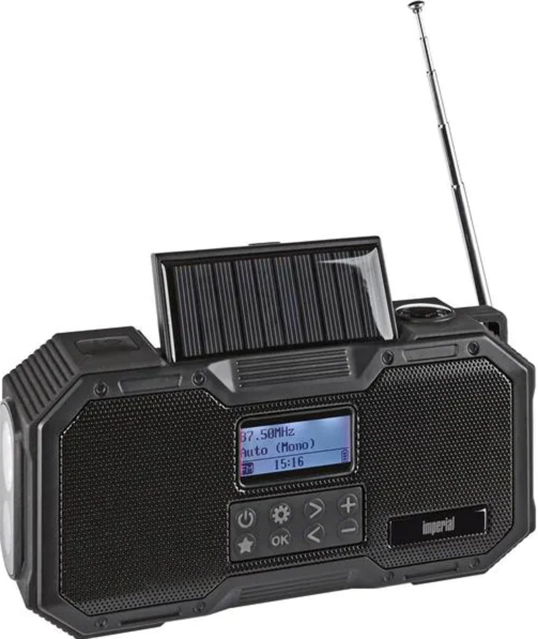 Schwarzer tragbarer Radio mit Solarpanel, Antenne und LCD-Display.