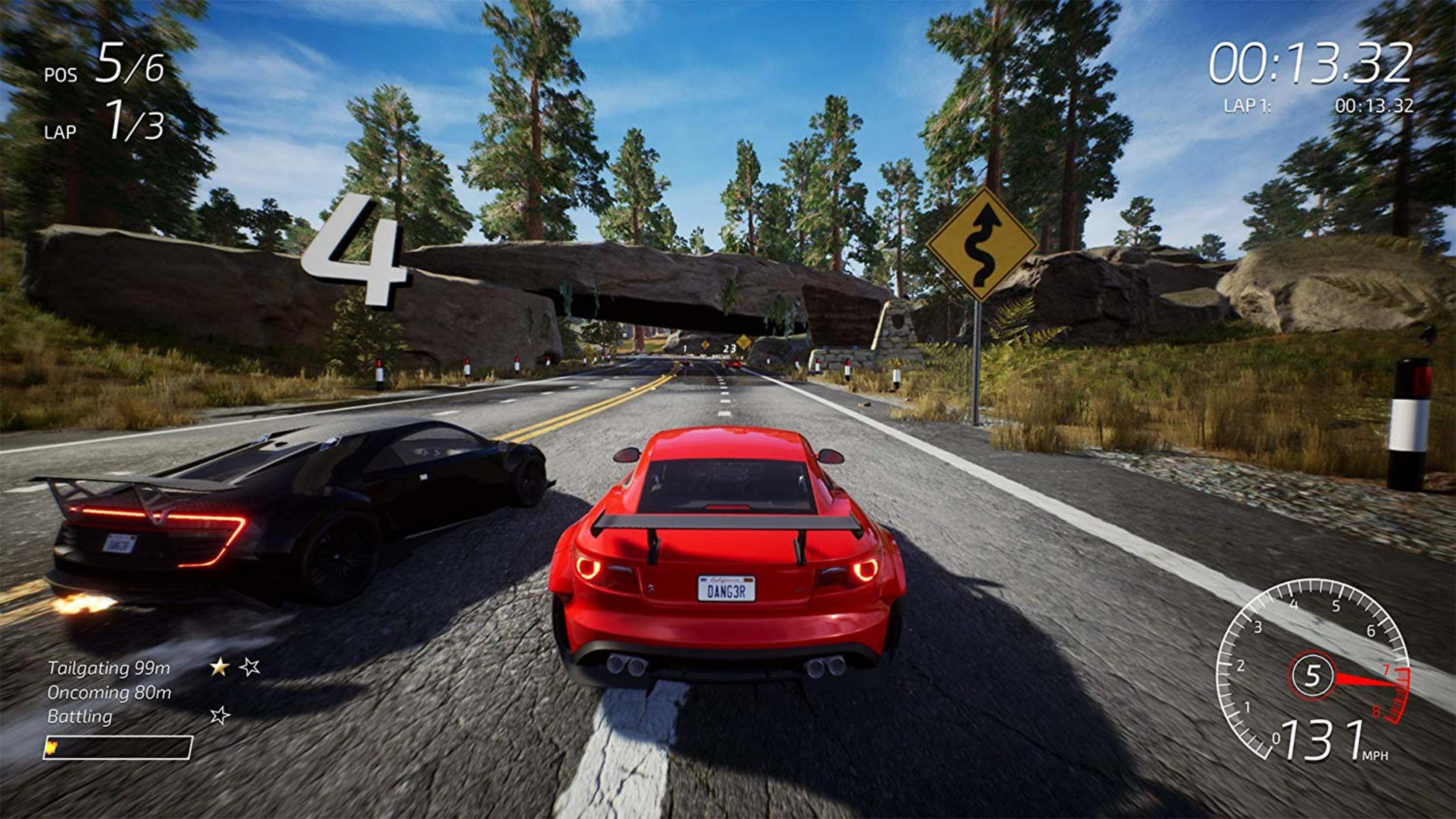 Rotes und schwarzes Auto auf einer Rennstrecke mit Bäumen und Felsen. Spiel-HUD zeigt Position und Zeit.