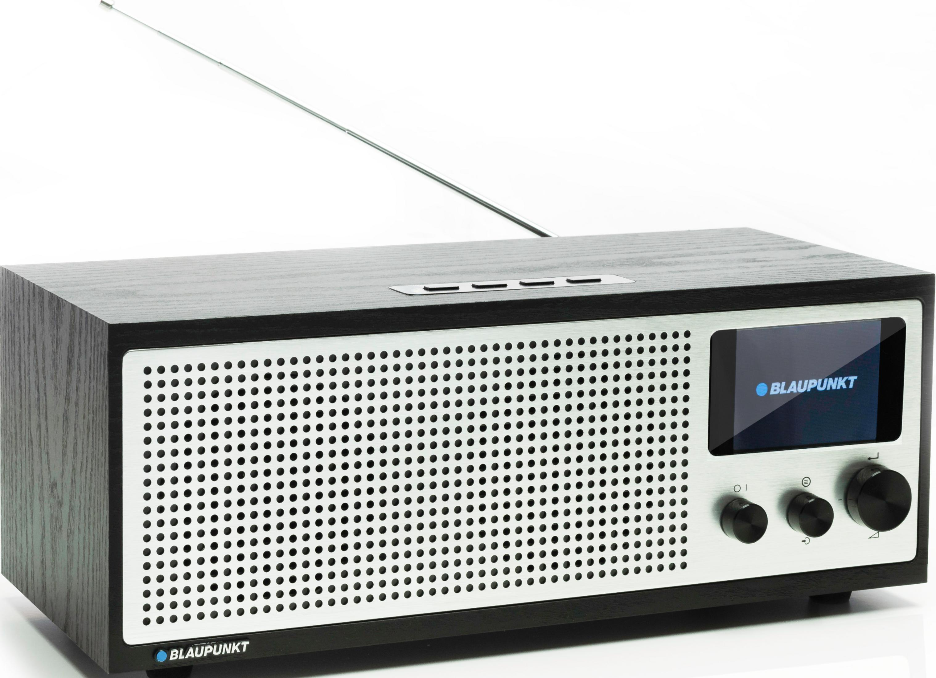 Ein schwarzer Holzradio mit silbernem Lautsprechergitter und Bildschirm.