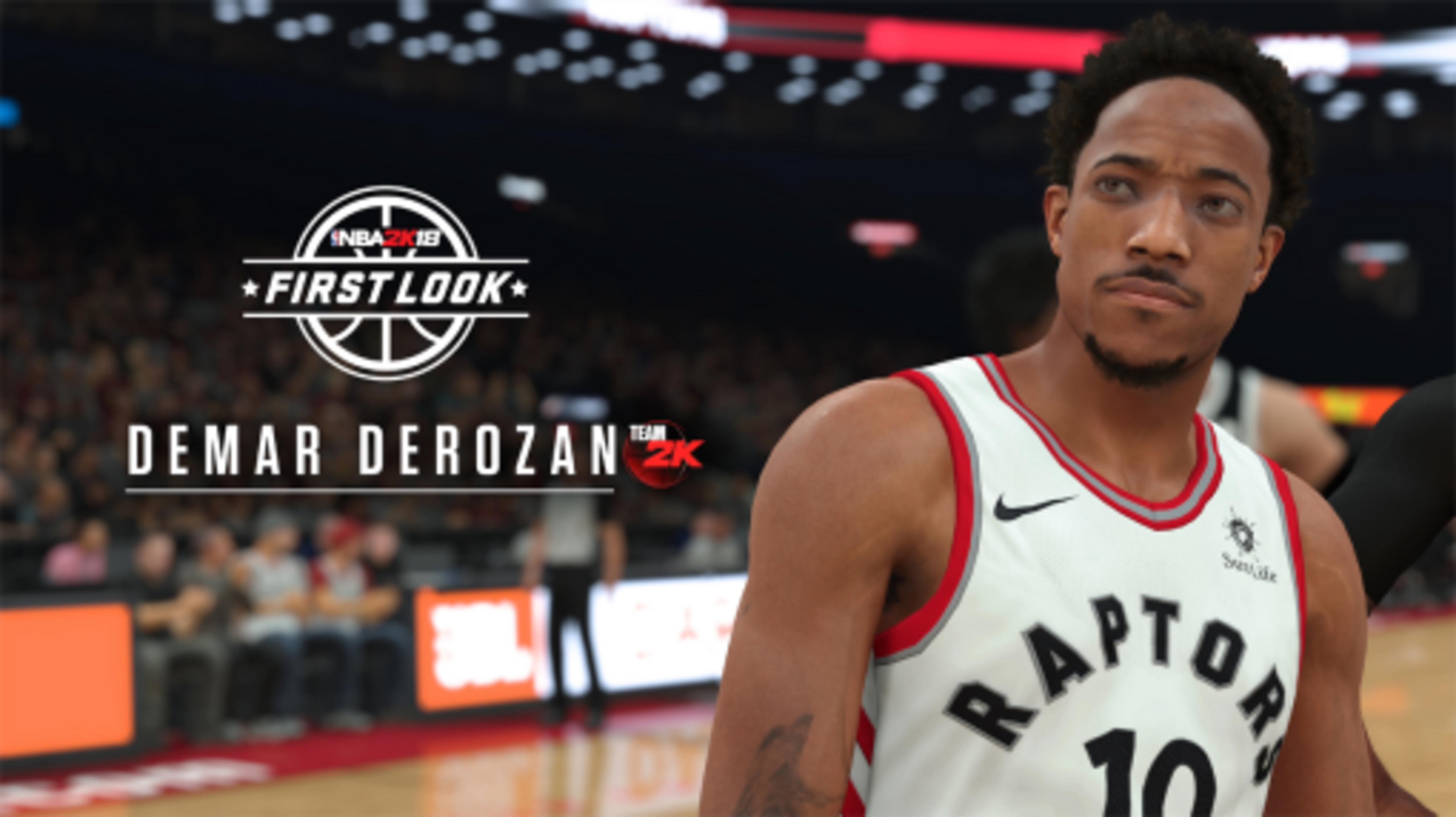 Demar Derozan con maglia dei Raptors, logo NBA 2K18 sullo sfondo.