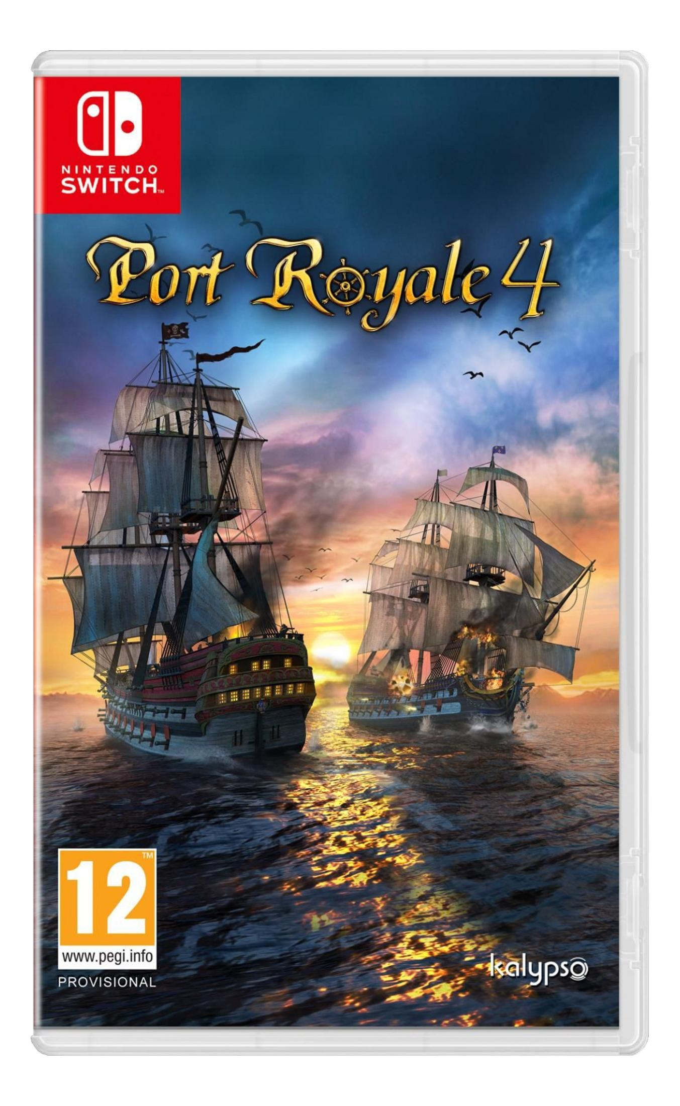 Due navi pirata navigano al tramonto. Sono visibili il logo Nintendo Switch e "Port Royale 4".