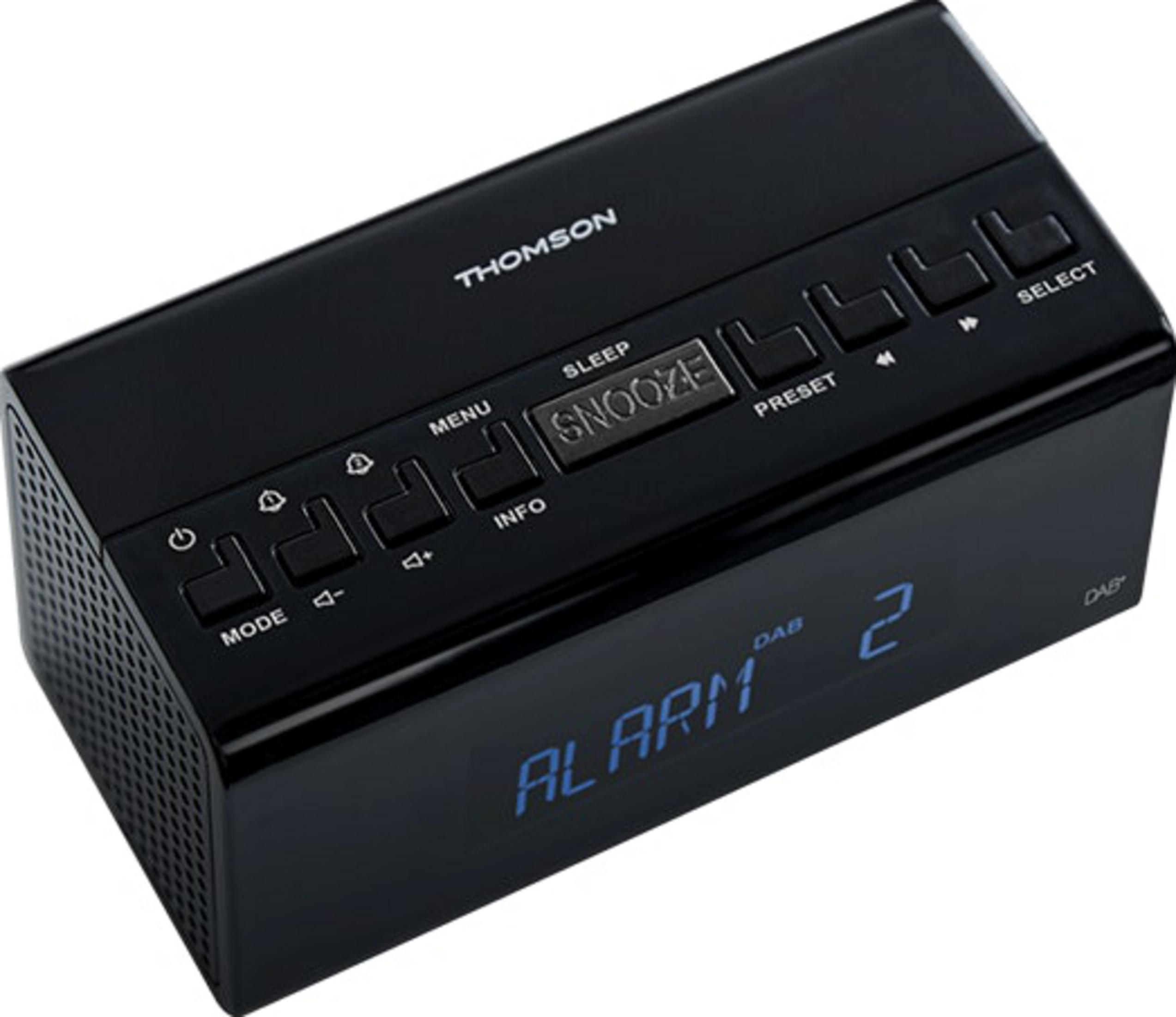 Schwarzer Thomson DAB-Radiowecker mit blauen Ziffern und Snooze-Taste.