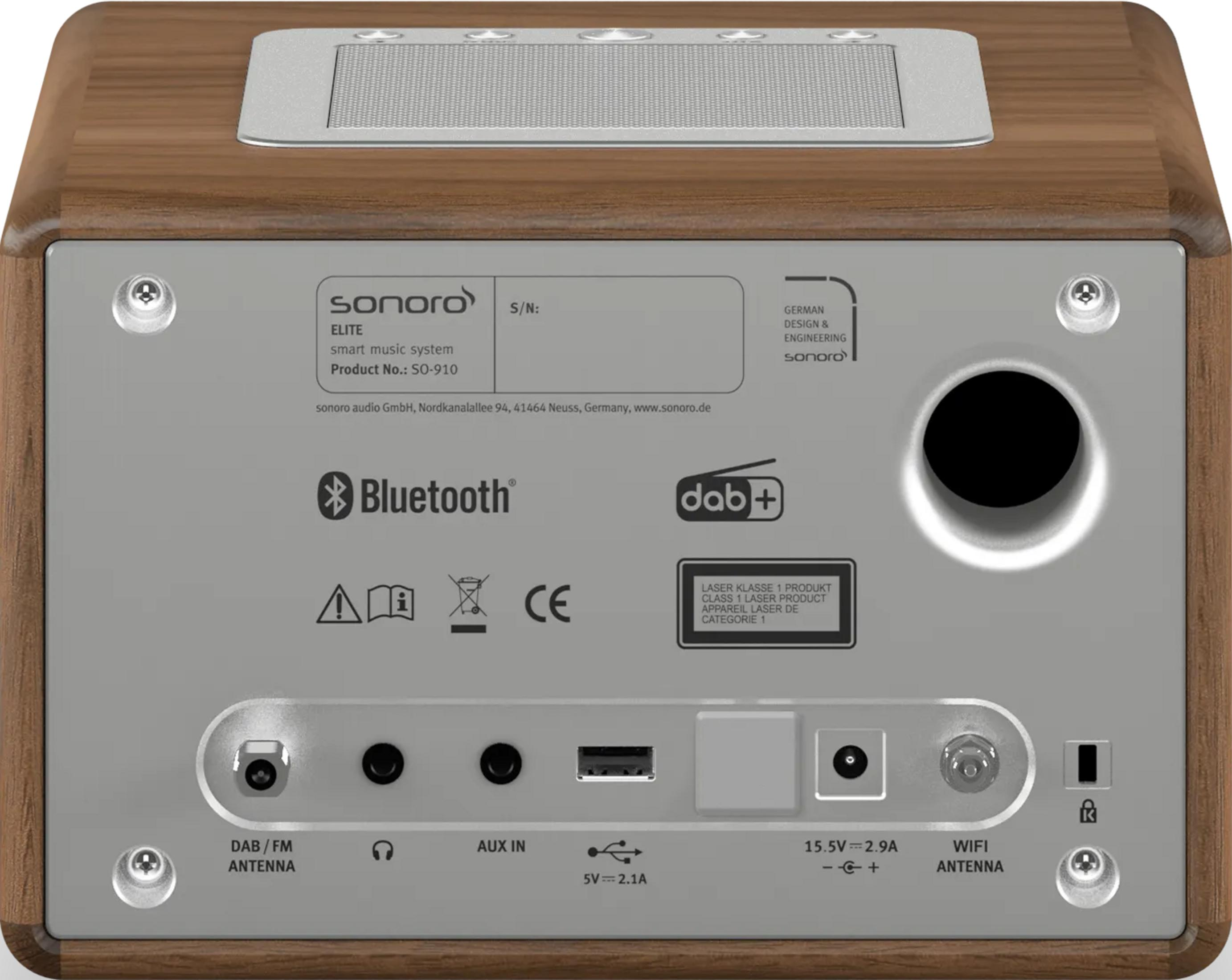 Achterkant van houten unit met poorten: DAB/FM, Aux, USB, Stroom, WiFi.