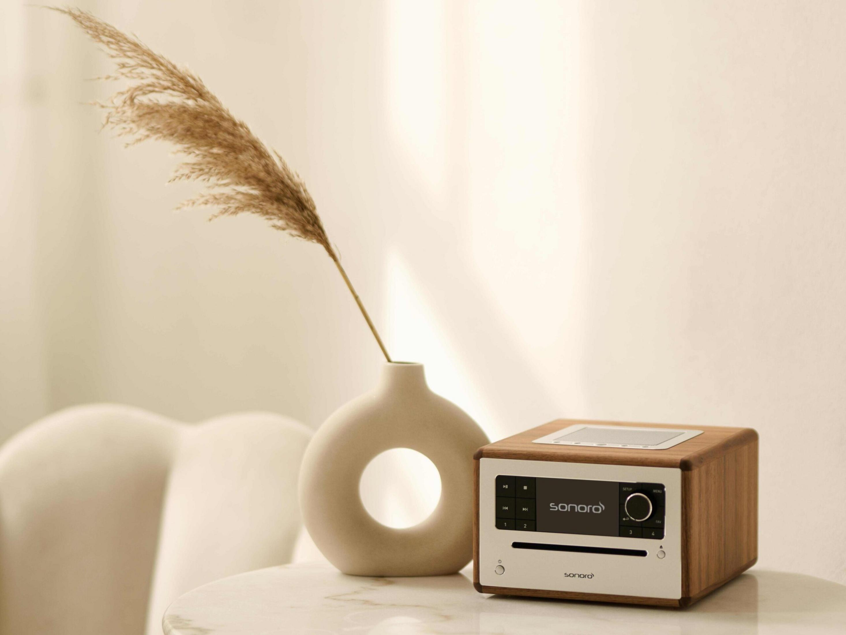 Een stijlvolle radio van hout en metaal met een vaas en droge grasdecoratie.