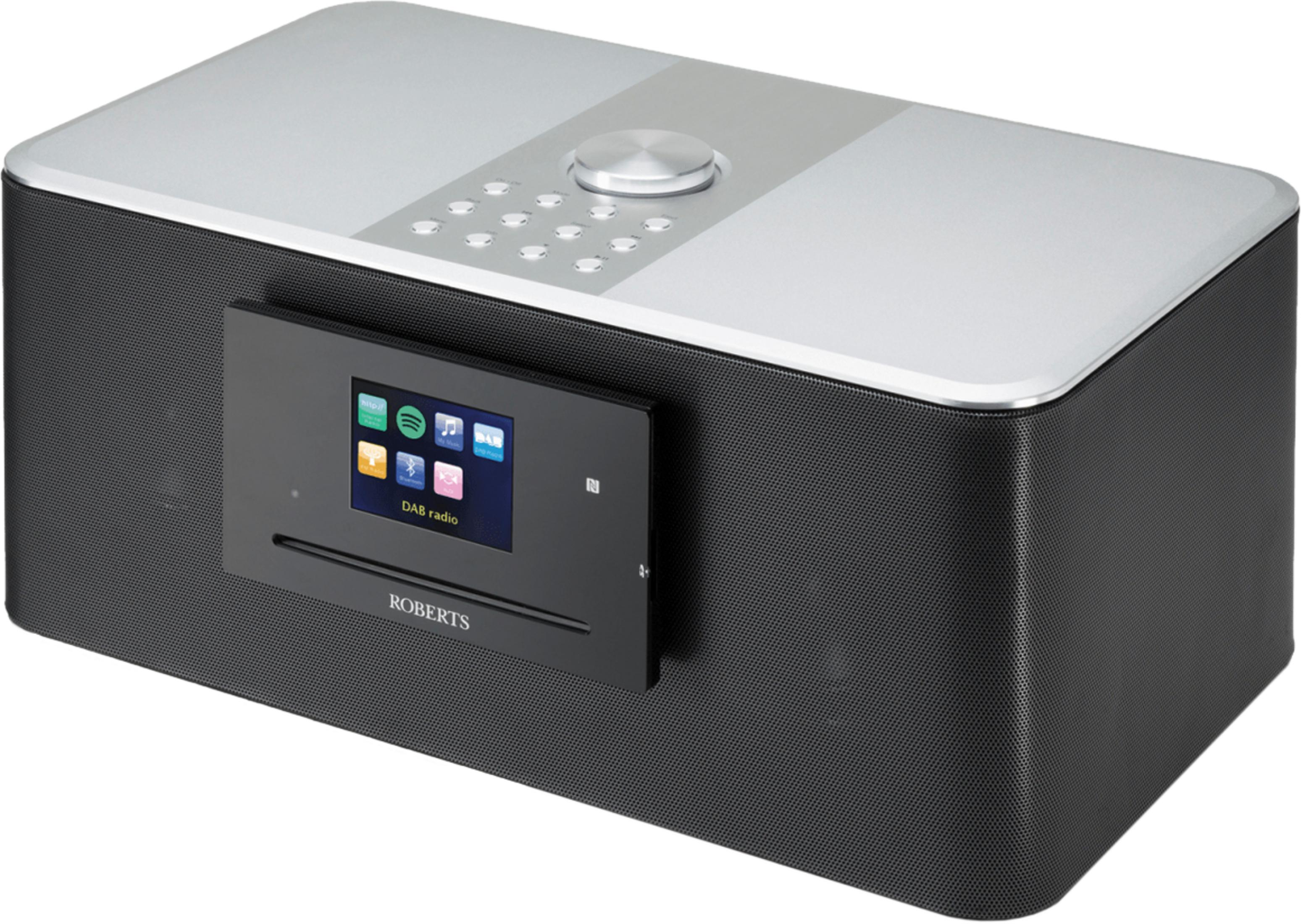 Ein silberner und schwarzer Roberts DAB-Radio mit einem Touchscreen-Display und Knöpfen.