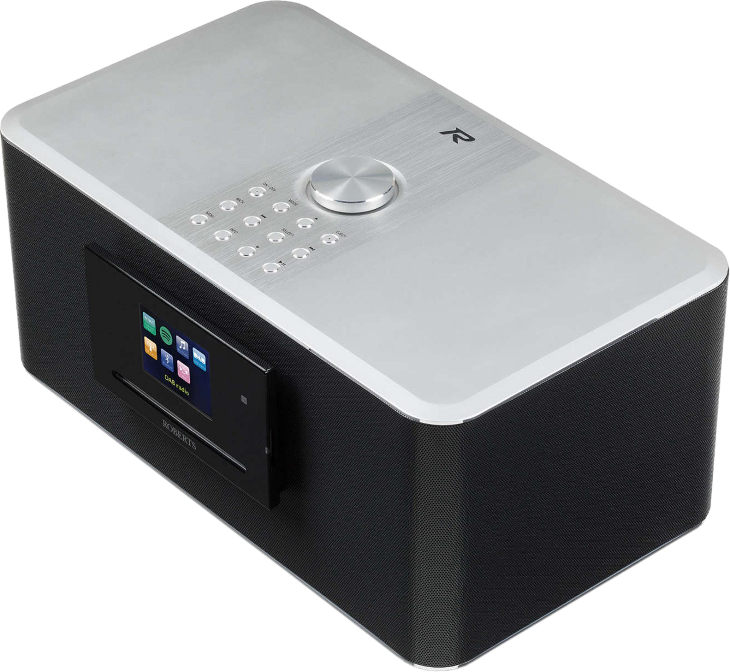 Silberner DAB-Radio-Lautsprecher mit schwarzem Stoff und Touchscreen.