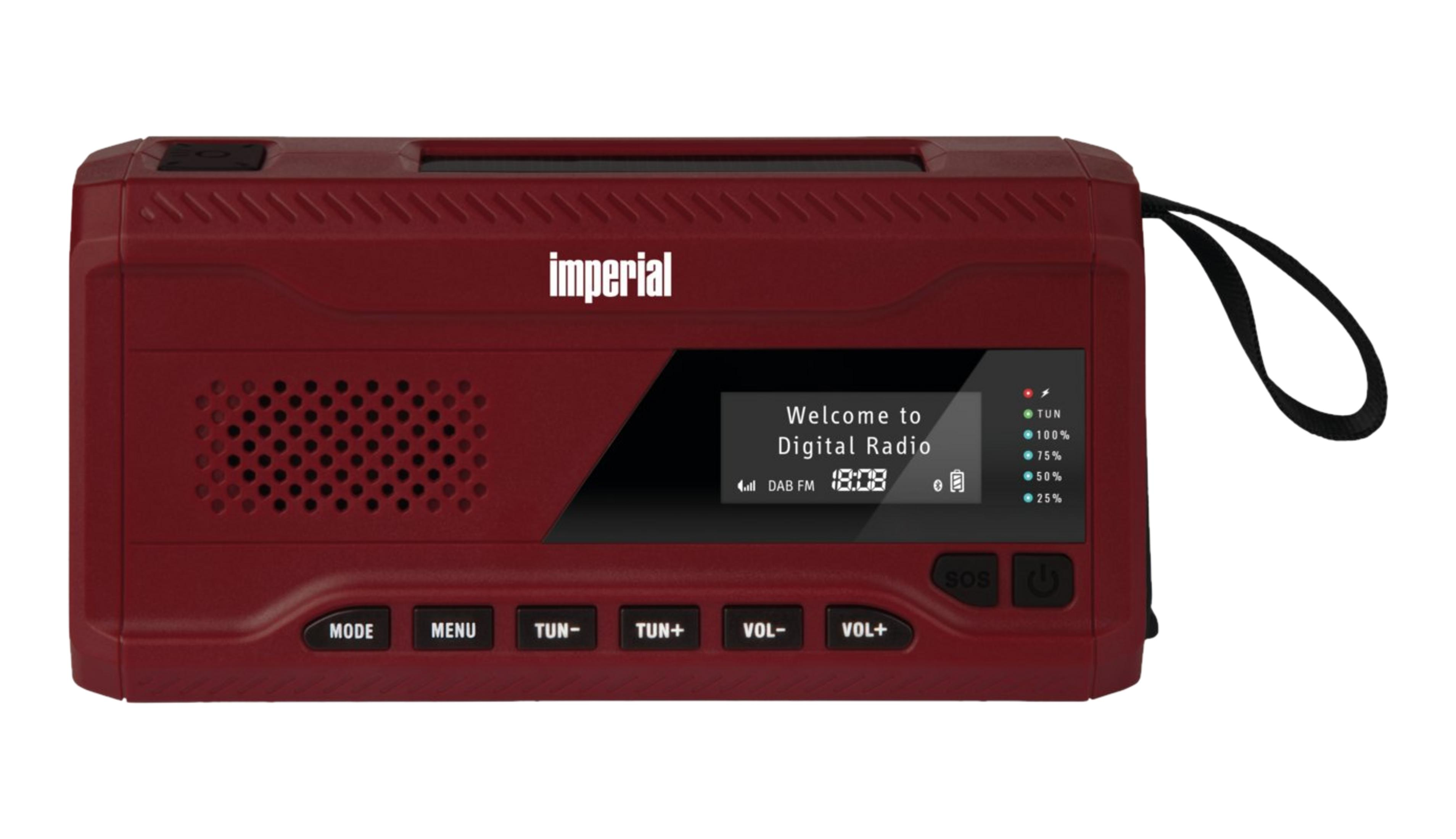 Ein rotes Digitalradio mit einem Bildschirm, der "Willkommen zum Digitalradio" anzeigt.
