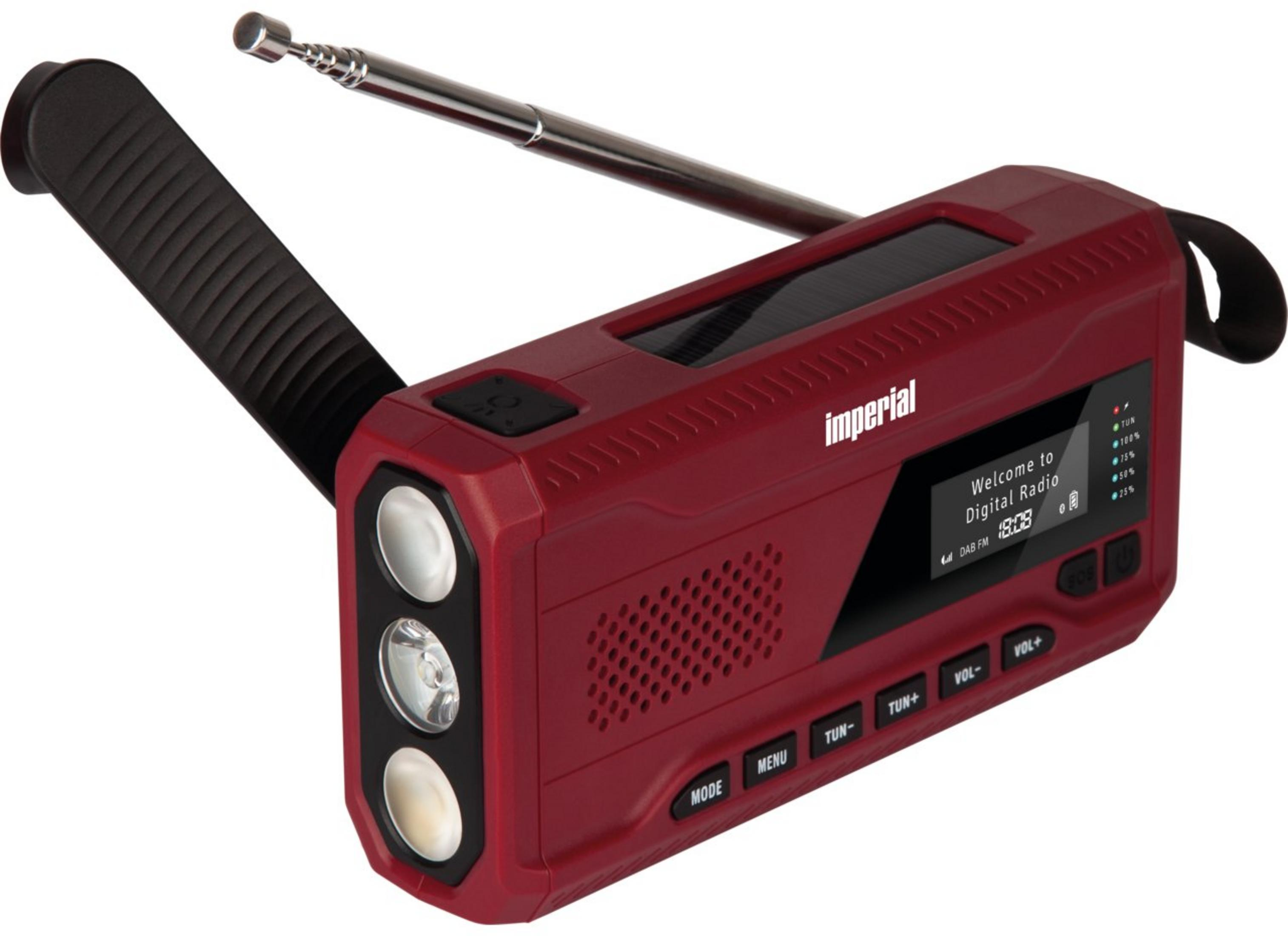 Ein rotes Notfallradio mit Solarpanel, Kurbel, Taschenlampe und Antenne.