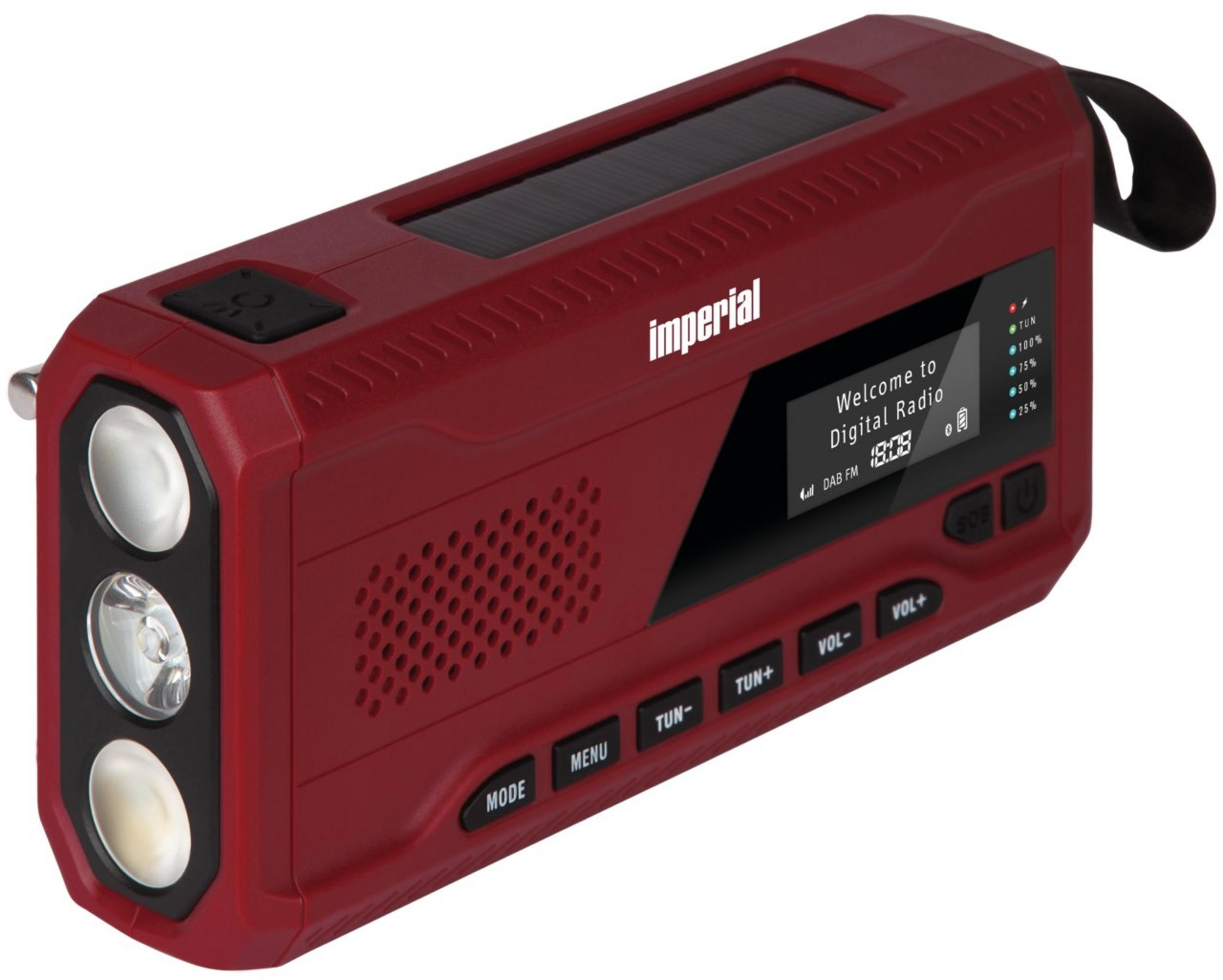 Ein rotes Imperial DAB/FM-Radio mit Solarpanel, Taschenlampe und LCD-Bildschirm.