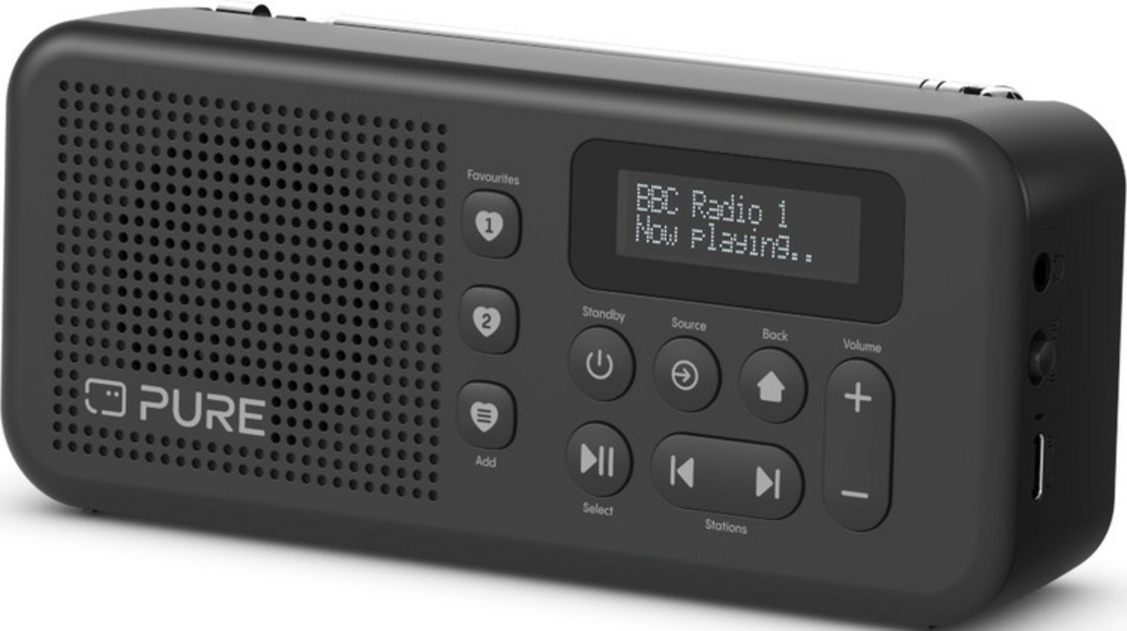 Una radio digitale nera con altoparlante, schermo e pulsanti di controllo.