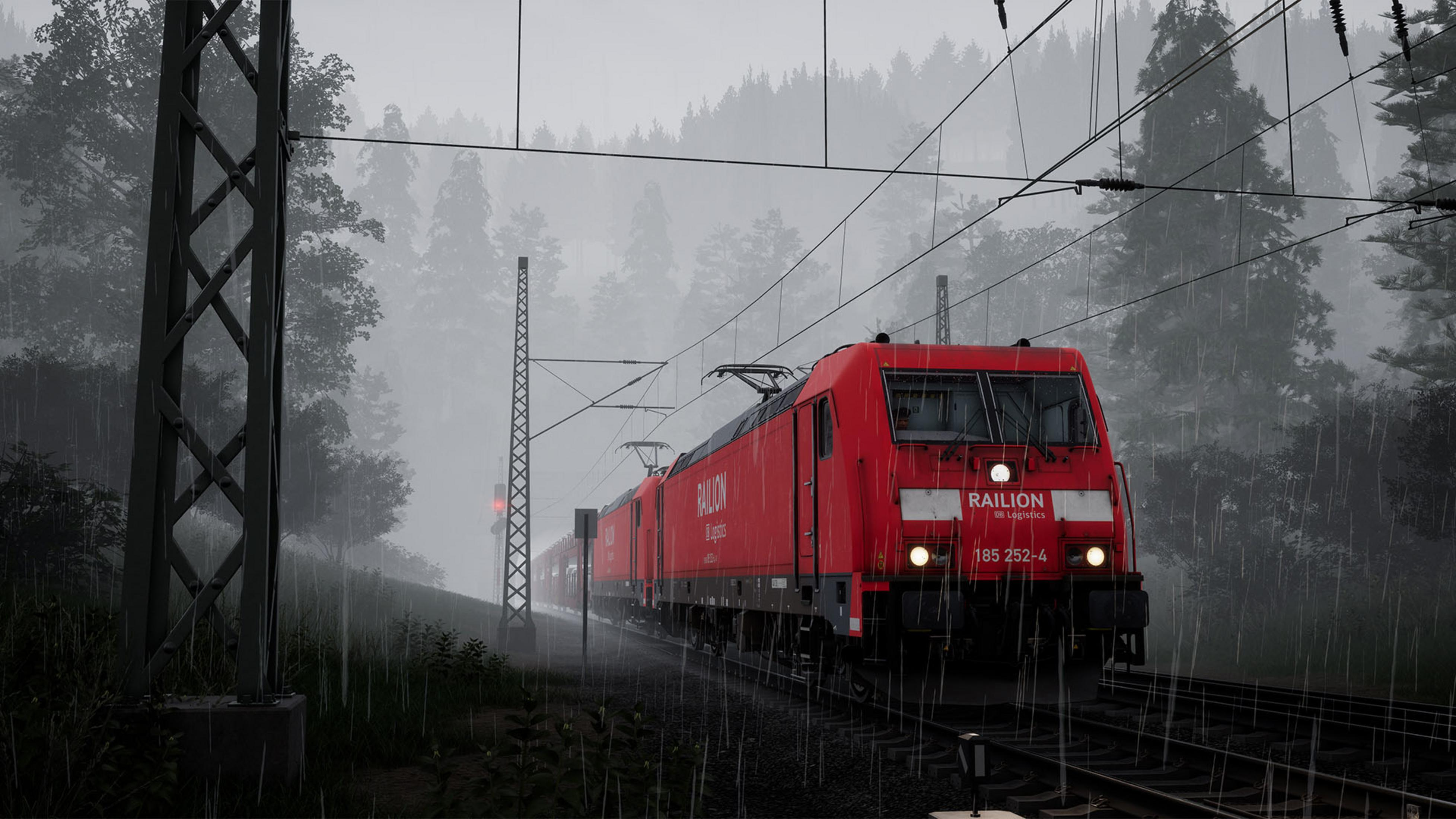 Ein roter Güterzug fährt bei Regen durch eine neblige Waldlandschaft.
