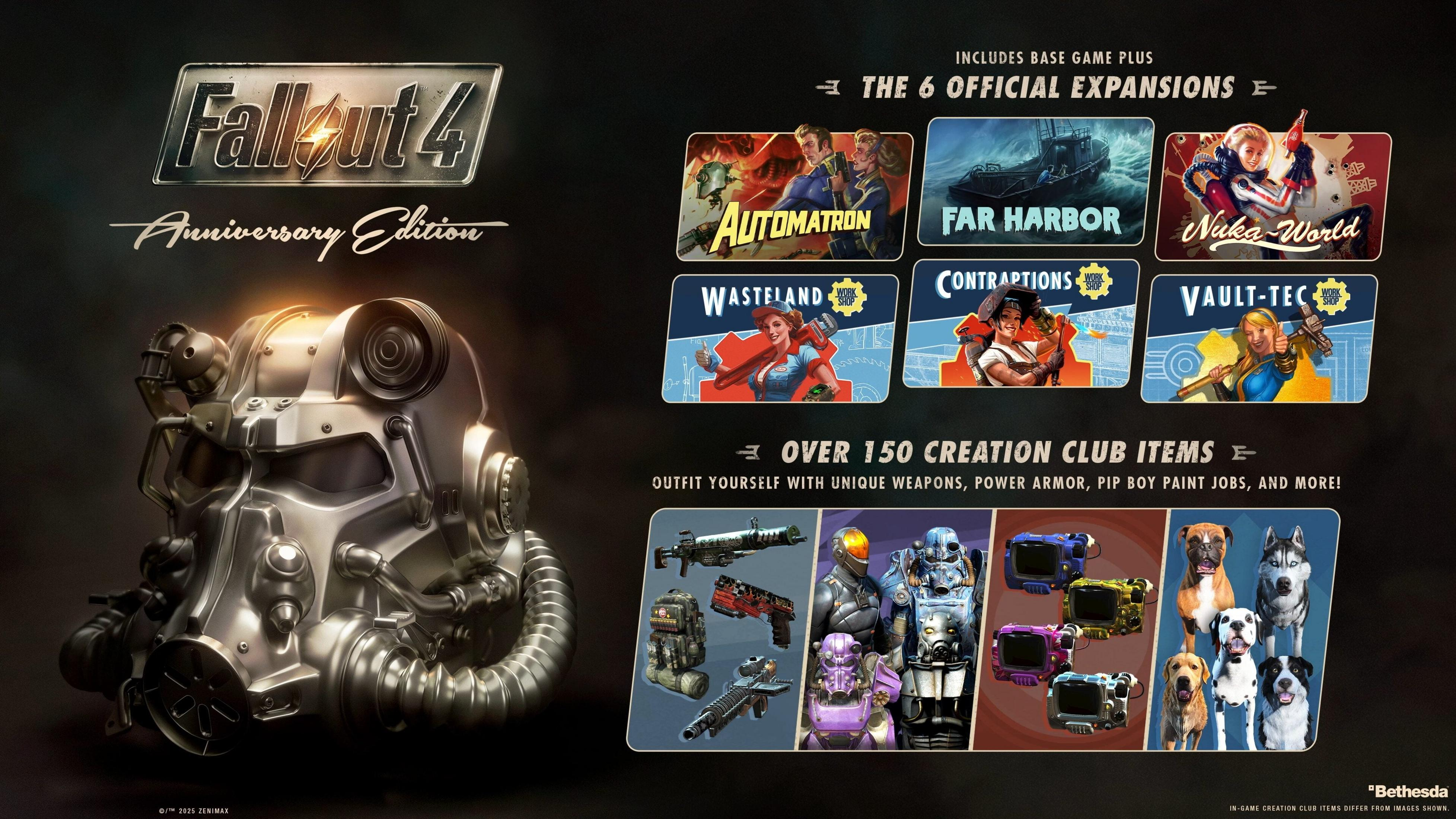 Grafika Fallout 4 Anniversary Edition: Pancerz, grafiki DLC, bronie, pancerze, Pip-Boy i psy.