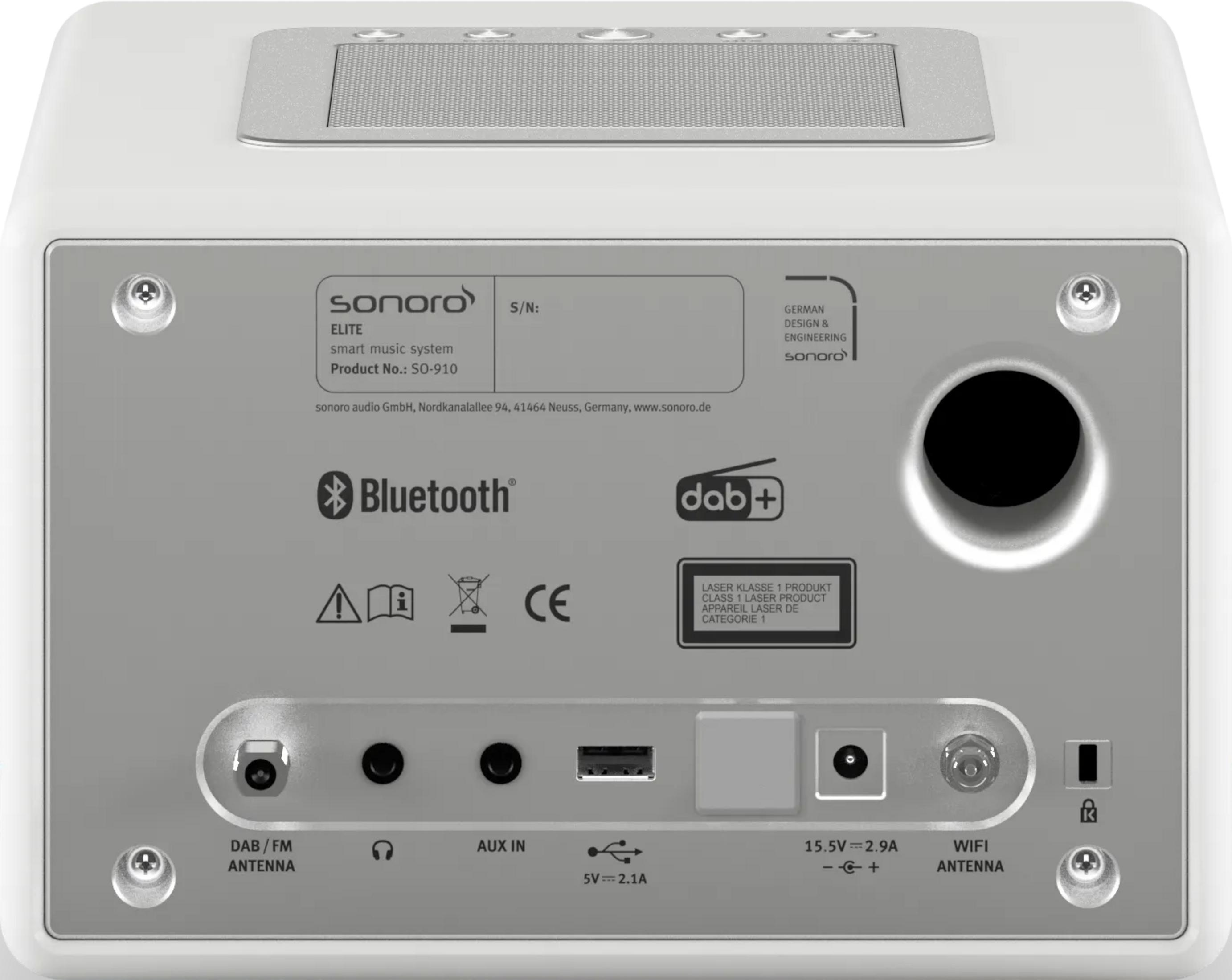 Achterkant van een wit Sonoro Elite smart muzieksysteem met poorten en logo's.