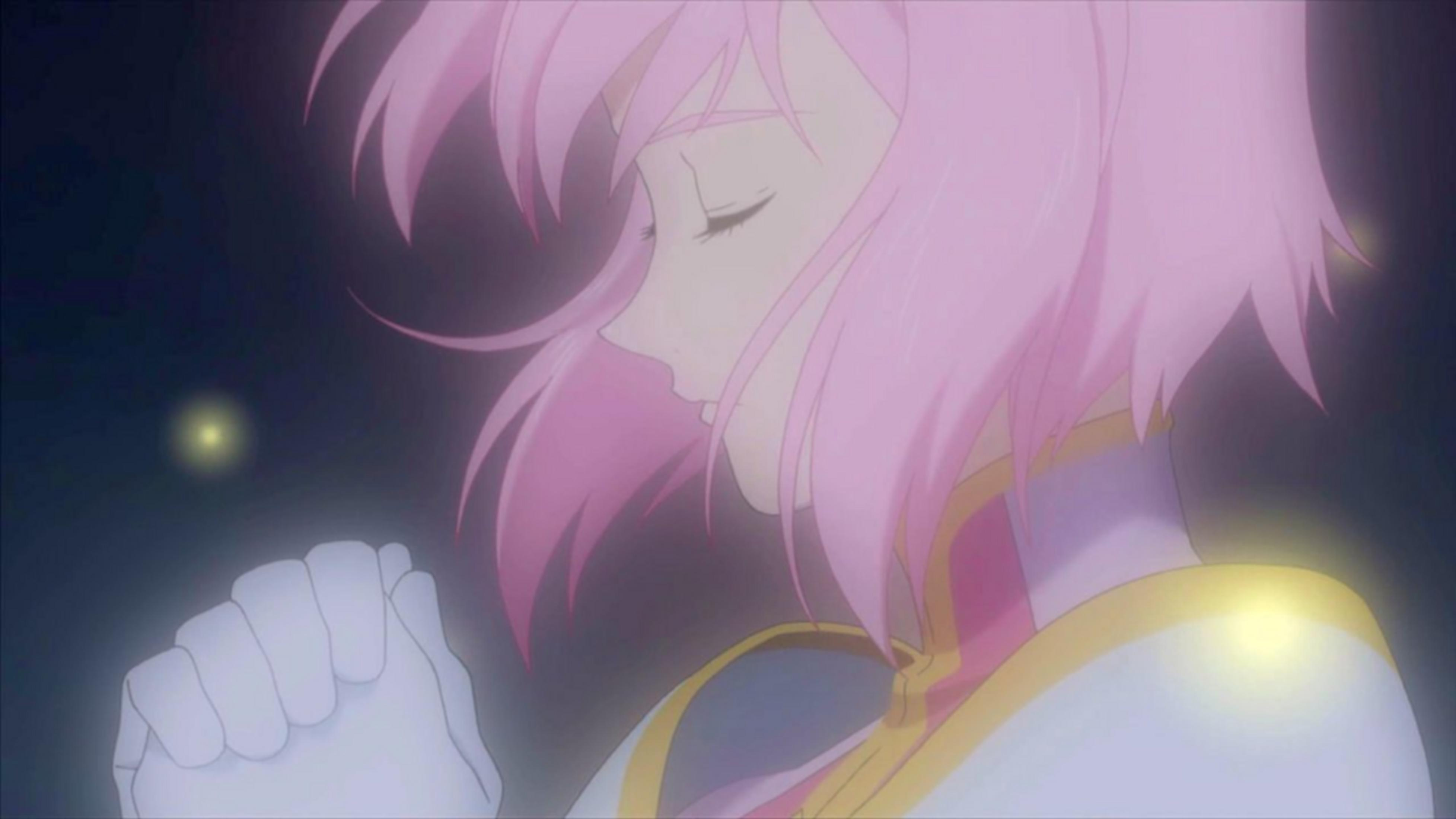 Anime-Figur mit rosa Haaren betet mit geschlossenen Augen.