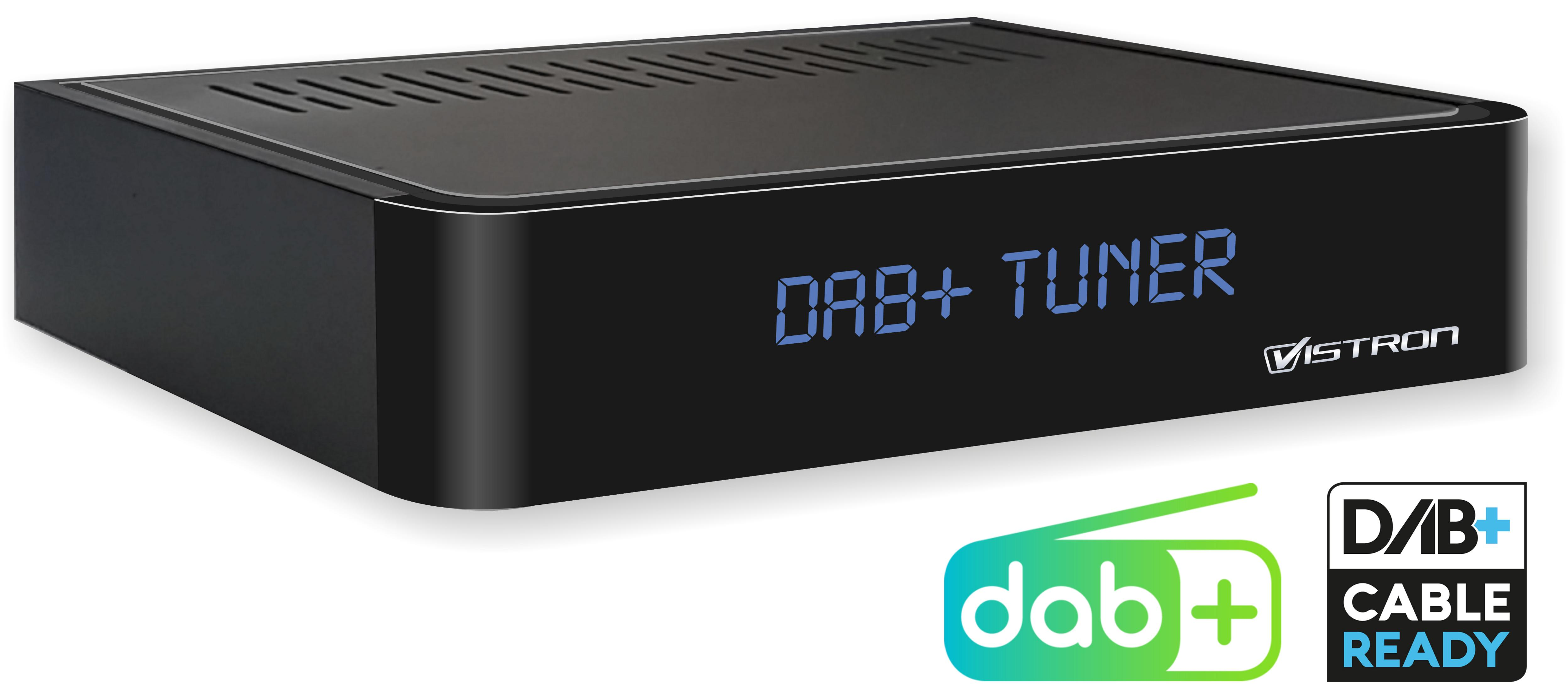 Schwarzer DAB+ Tuner mit blauem Digitaldisplay und Logo.