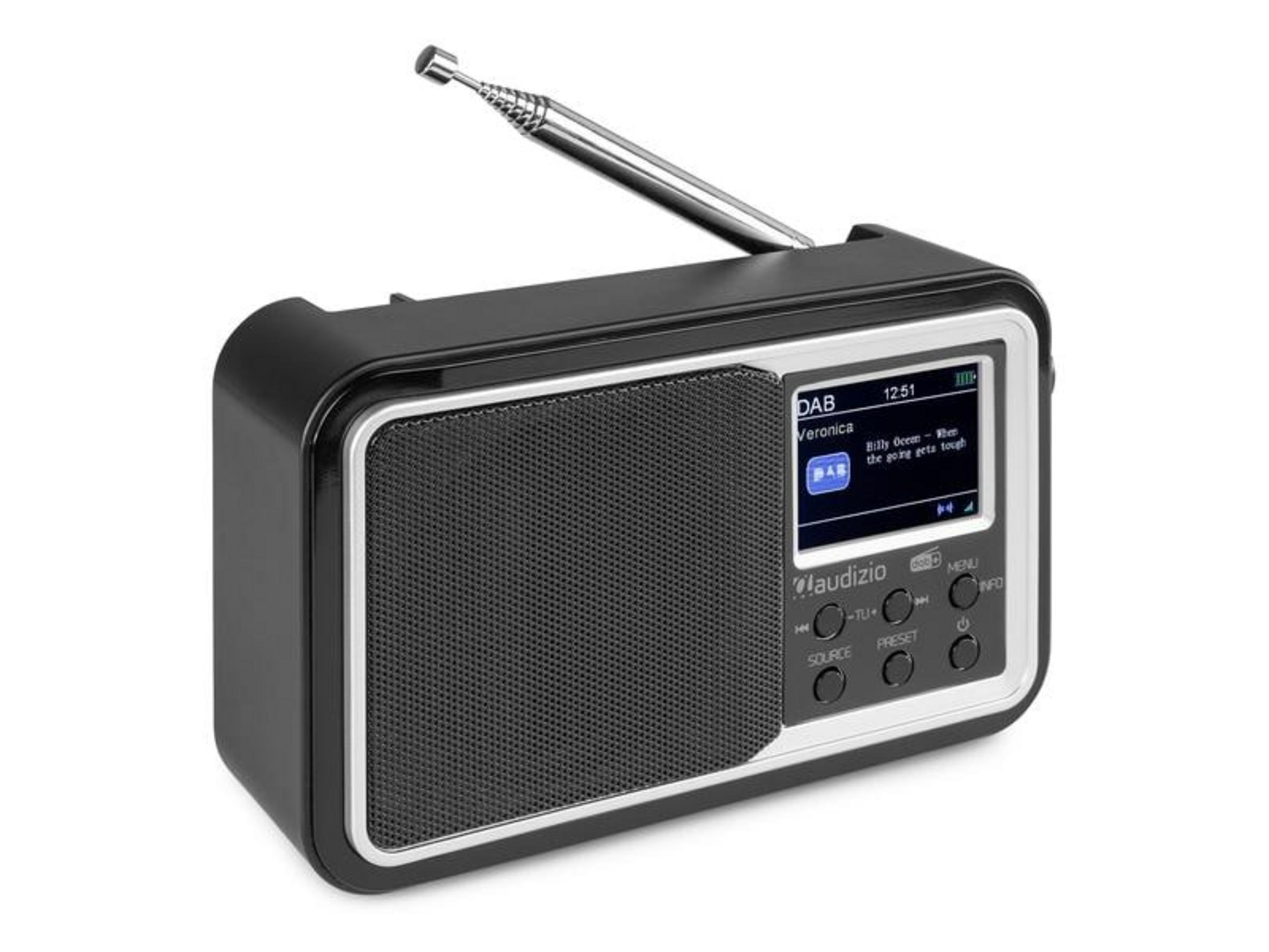Ein schwarzes DAB-Radio mit silberner Antenne und Display, das Songinfos anzeigt.