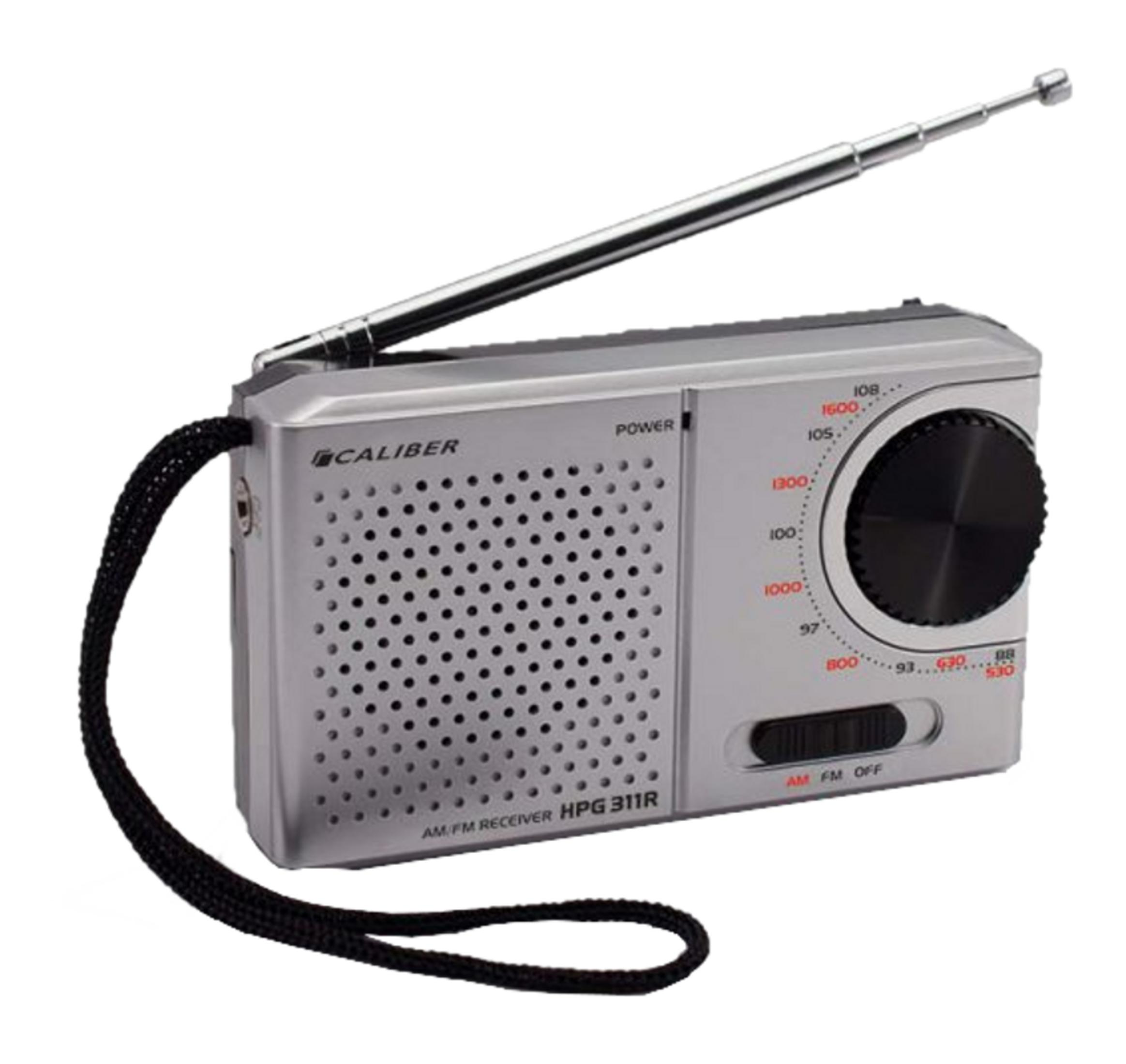 Een zilveren AM/FM radio met uitschuifbare antenne en zwart draagkoord.