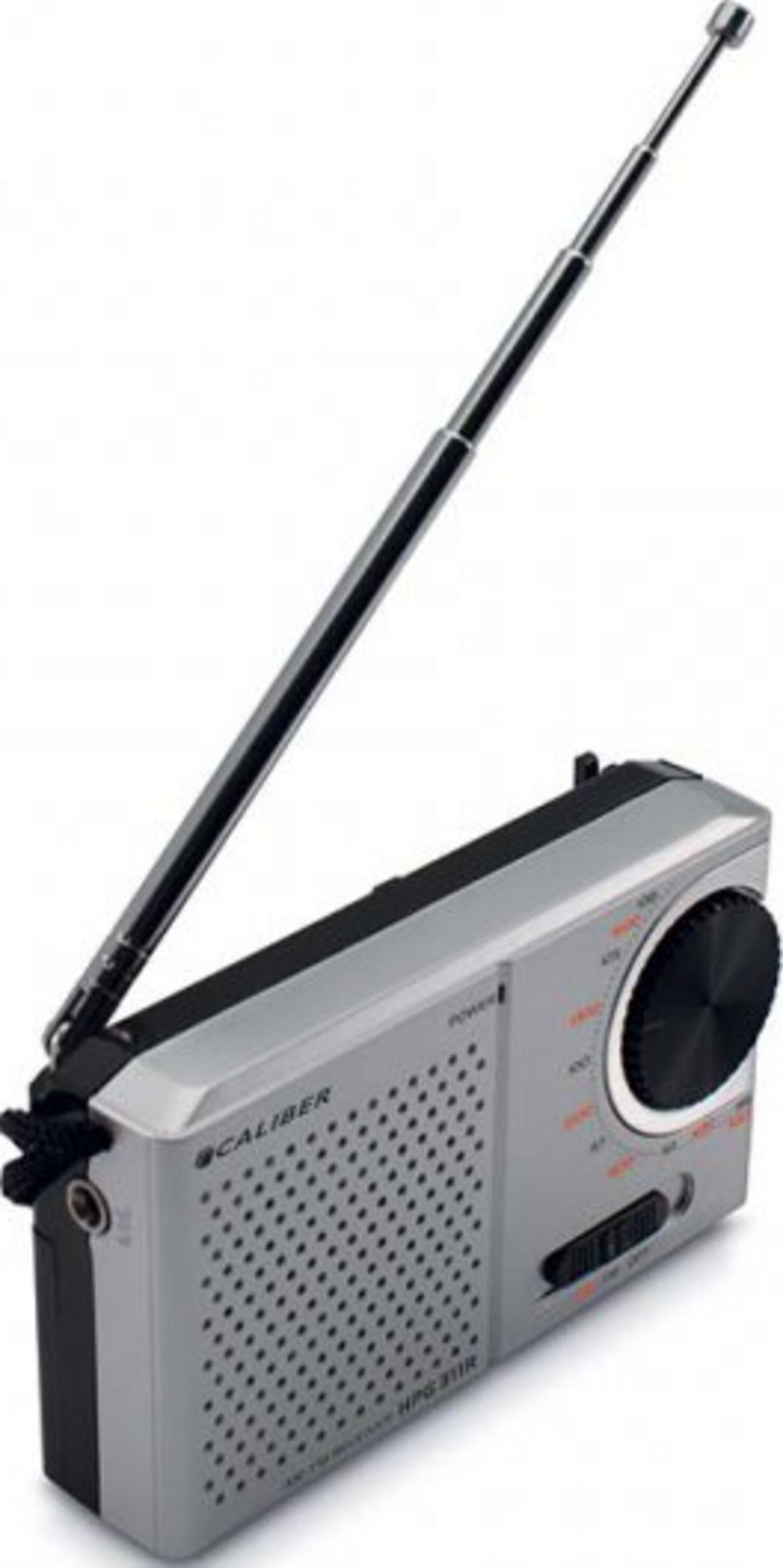 Een zilveren draagbare radio met uitgeschoven antenne en een grote zwarte afstemknop.