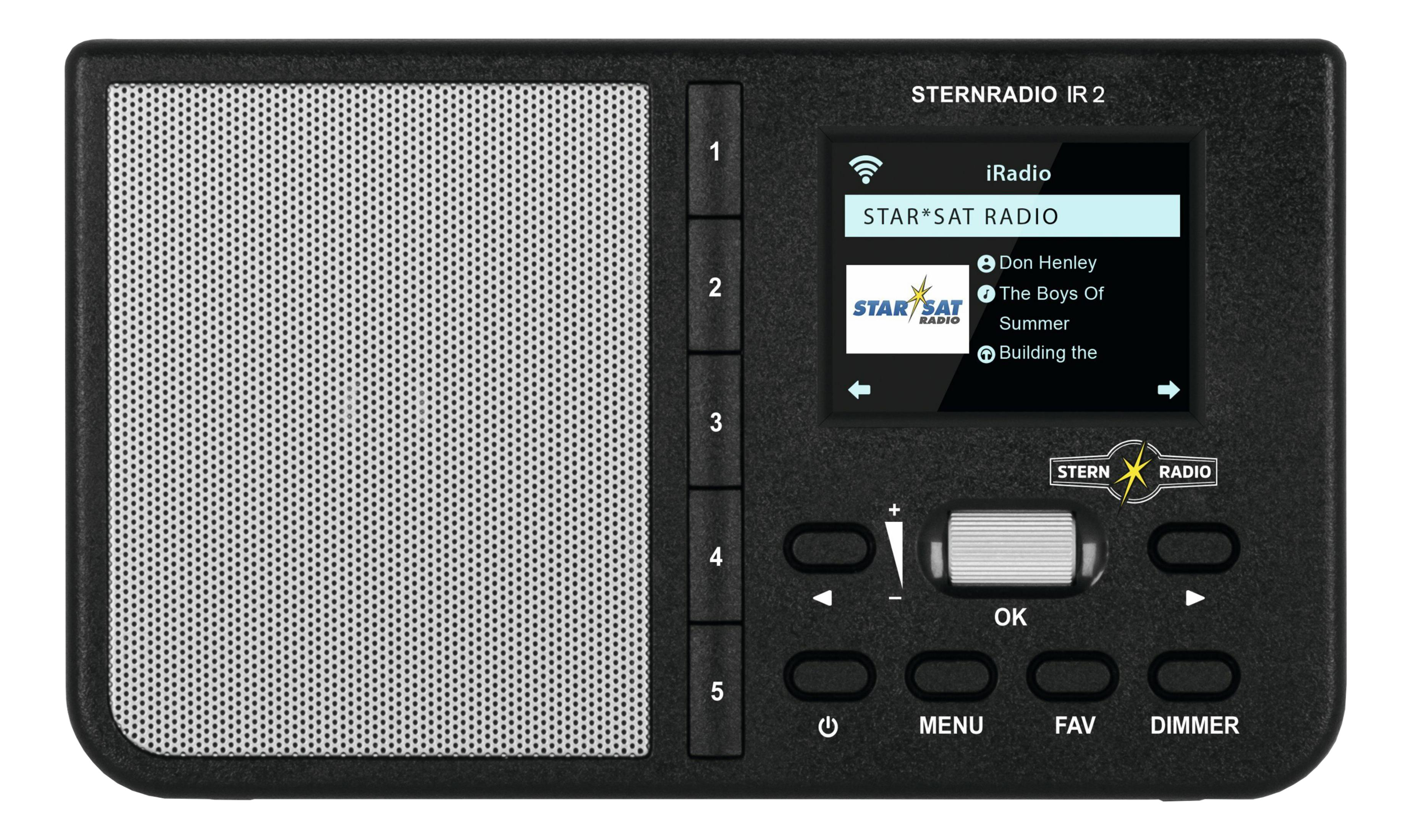 Una radio Sternradio IR 2 nera con griglia dell'altoparlante e display.