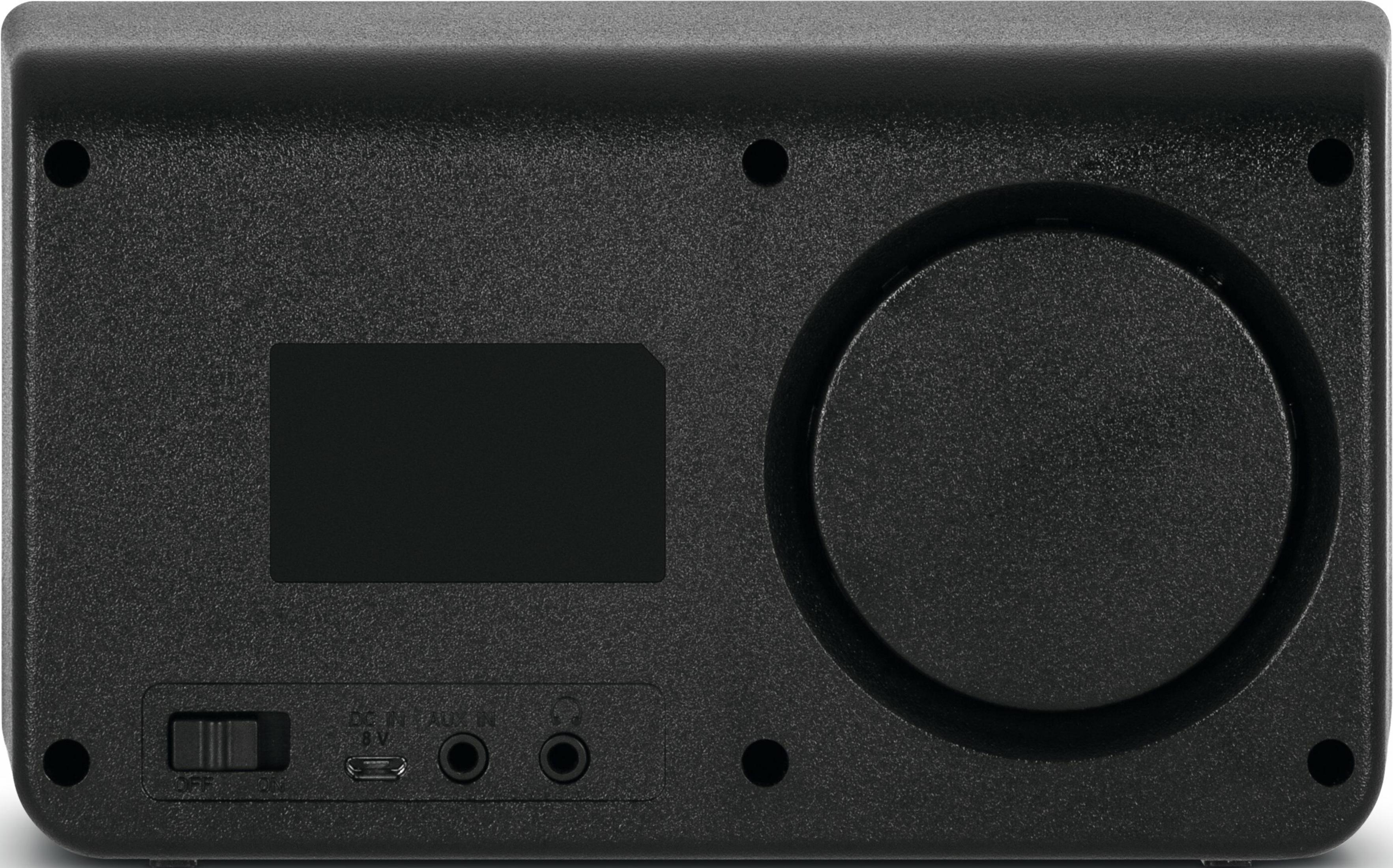 Retro di un altoparlante nero con interruttore e porte.