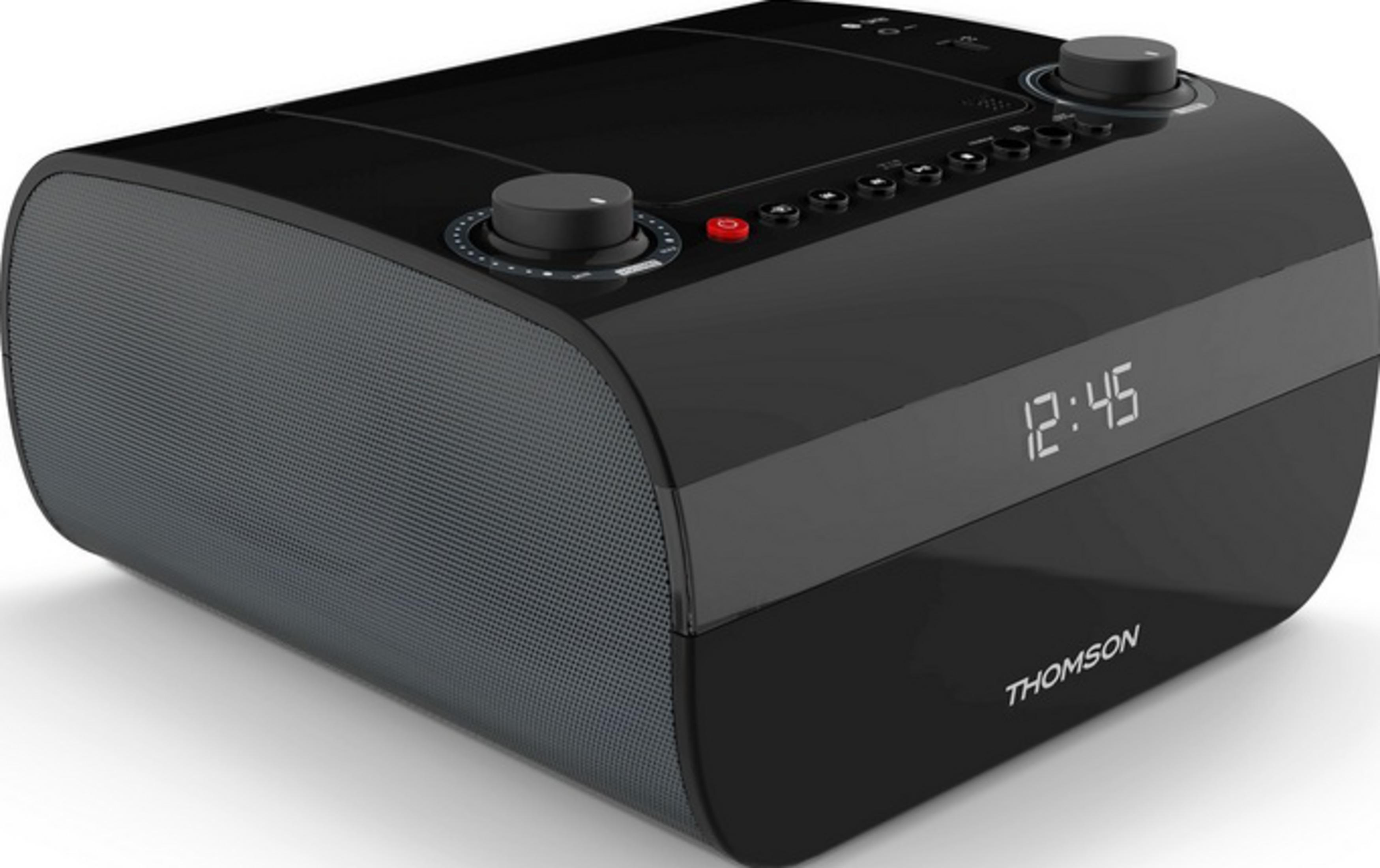 Ein schwarzes Thomson Radio mit digitaler Zeitanzeige 12:45.