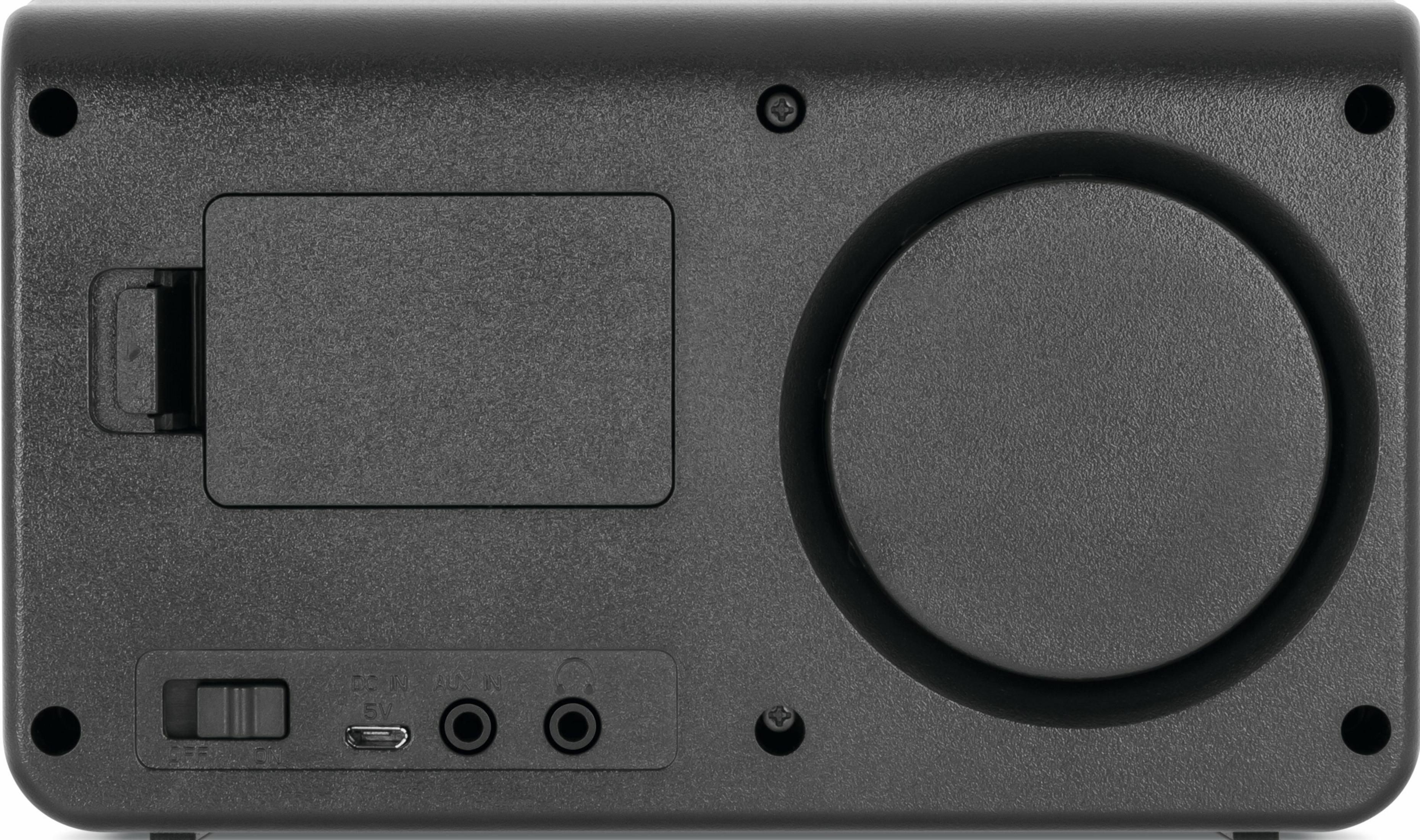 Retro di un altoparlante nero con porte e interruttore.