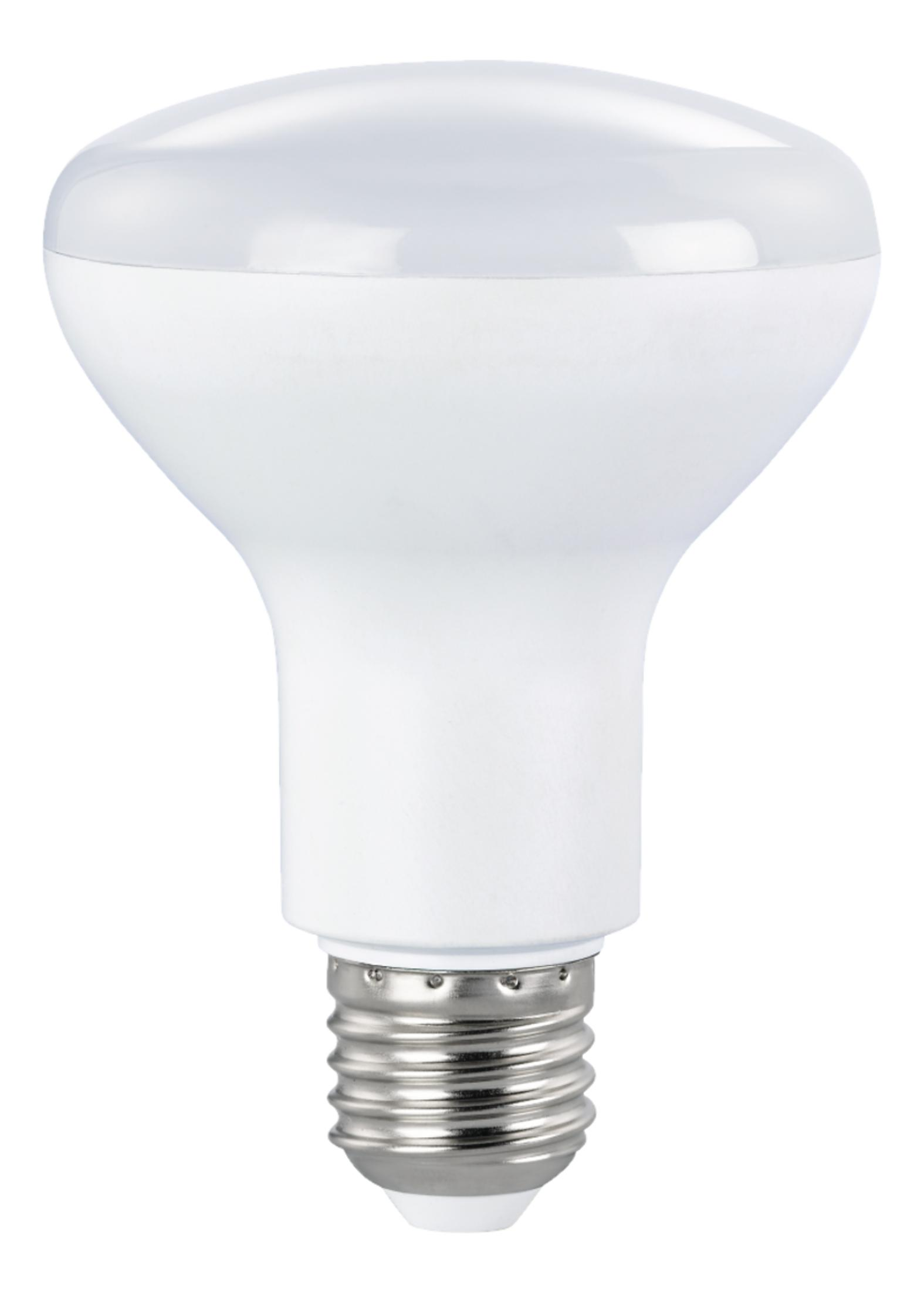 Eine weiße LED-Glühbirne mit einem silbernen Gewindesockel.