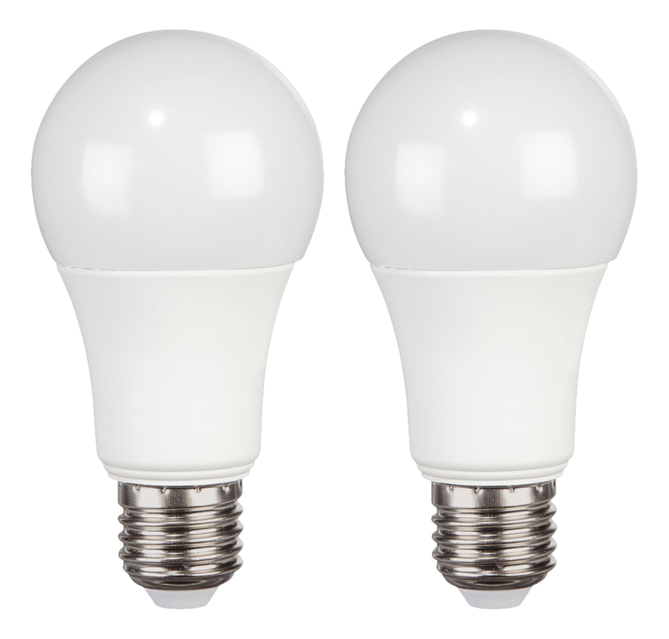 Zwei weiße LED-Lampen mit Schraubgewinde nebeneinander auf weißem Hintergrund.