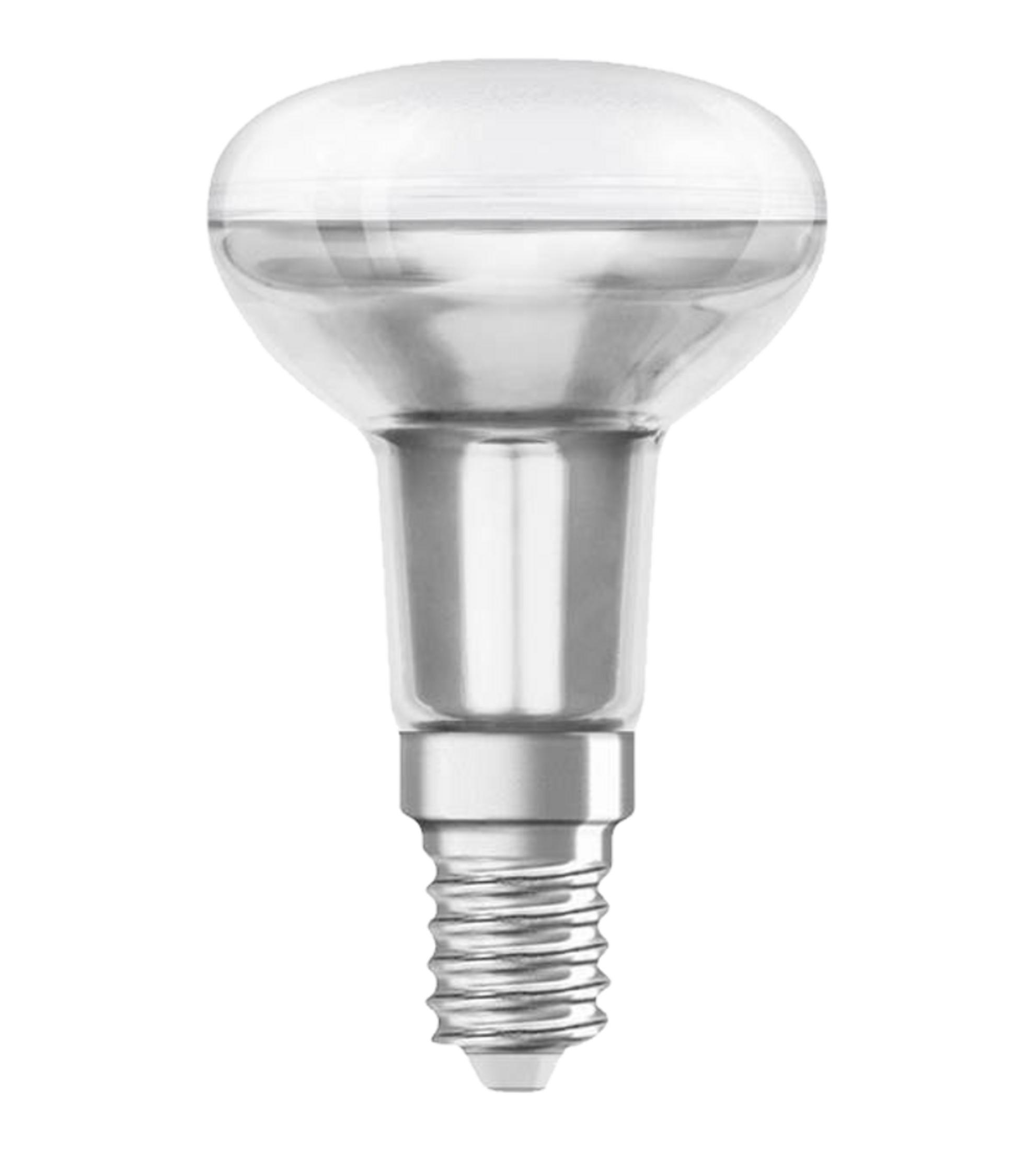 Una bombilla transparente con base E14 sobre fondo blanco.