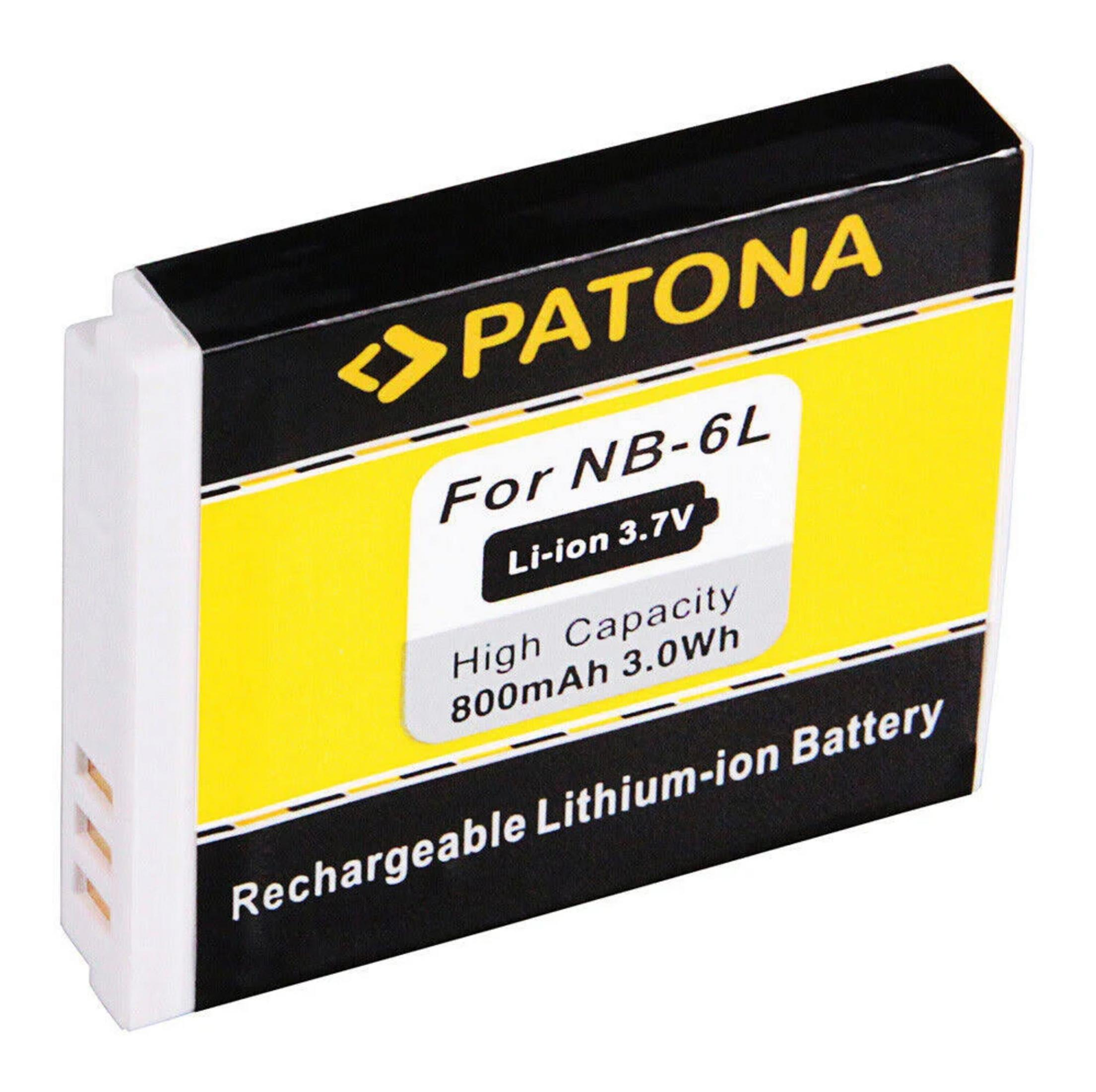 Eine weiße und schwarze PATONA NB-6L Lithium-Ionen-Batterie mit gelben Akzenten.