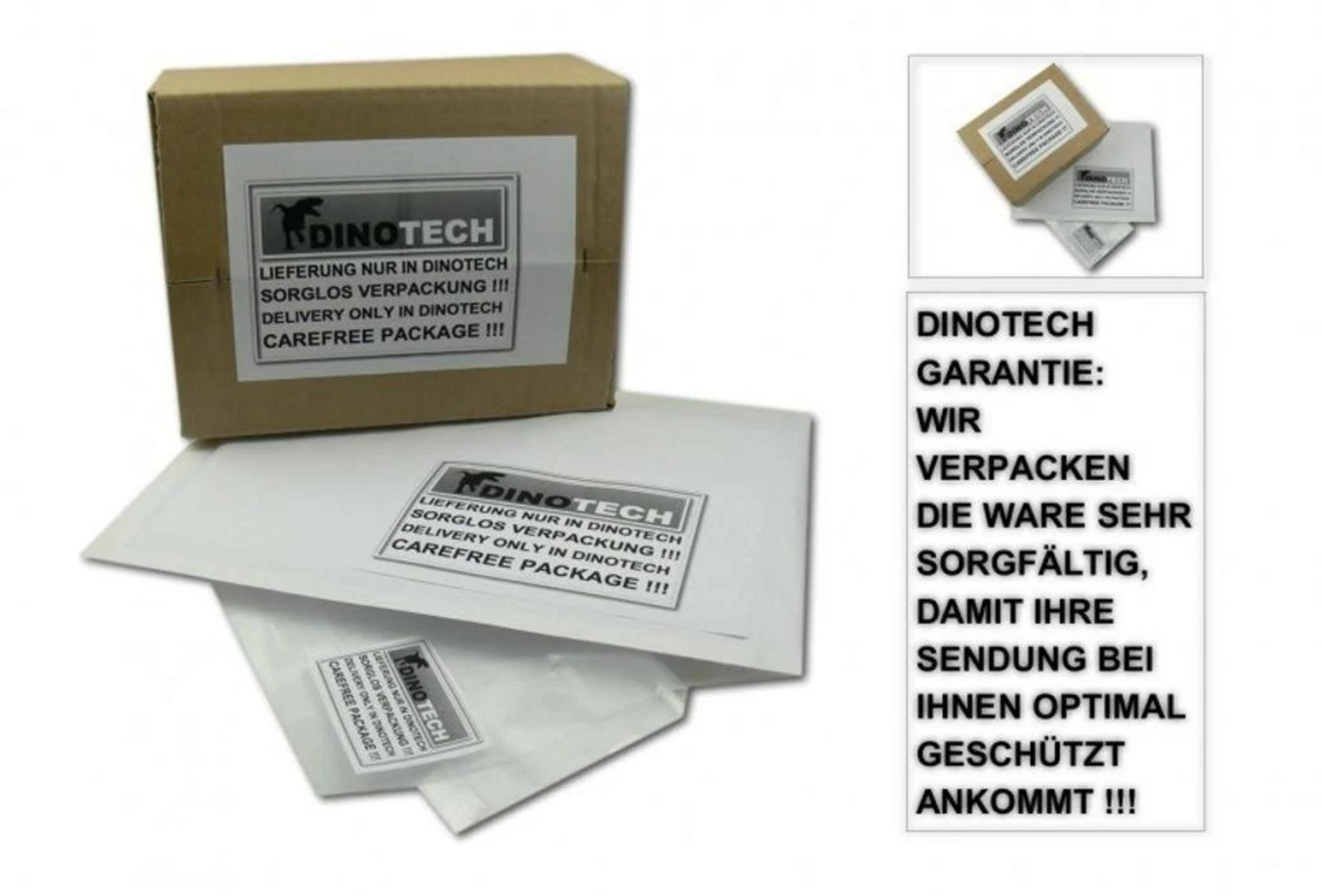 Brauner Karton und weiße Umschläge mit DinoTech-Logo und Text.