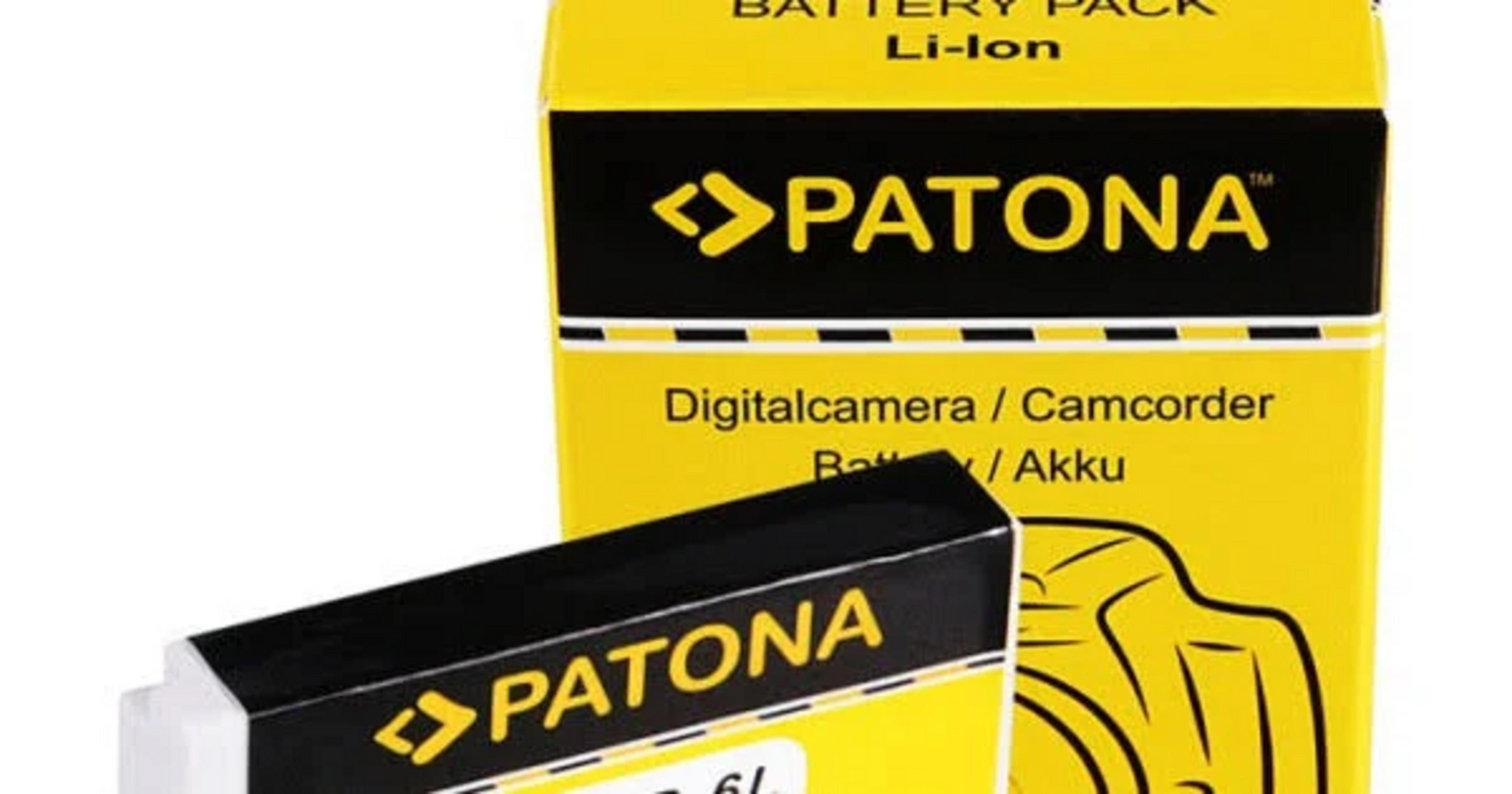 Gelbe Verpackung mit schwarzem Logo und Schriftzug 'PATONA' für Li-Ion-Akkus.