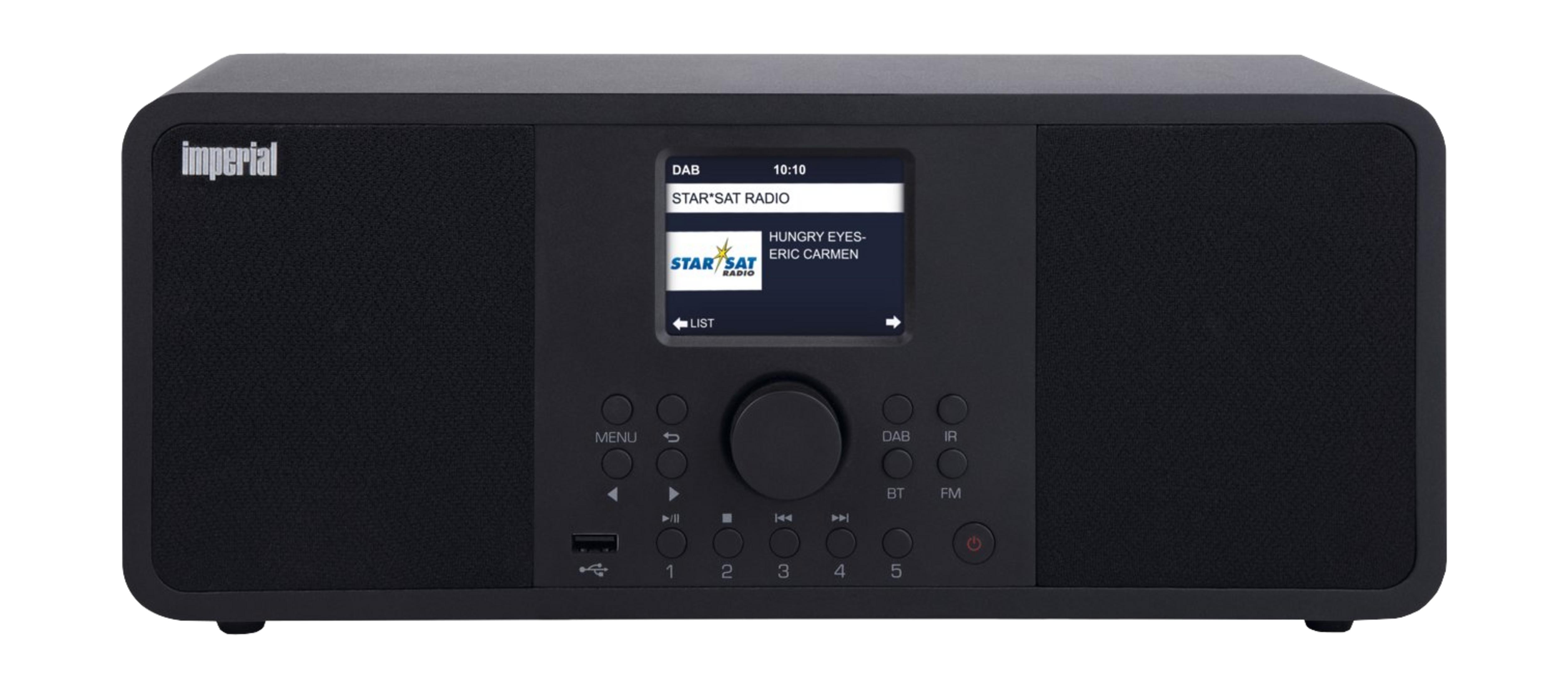 Una radio DAB Imperial negra con pantalla y controles.