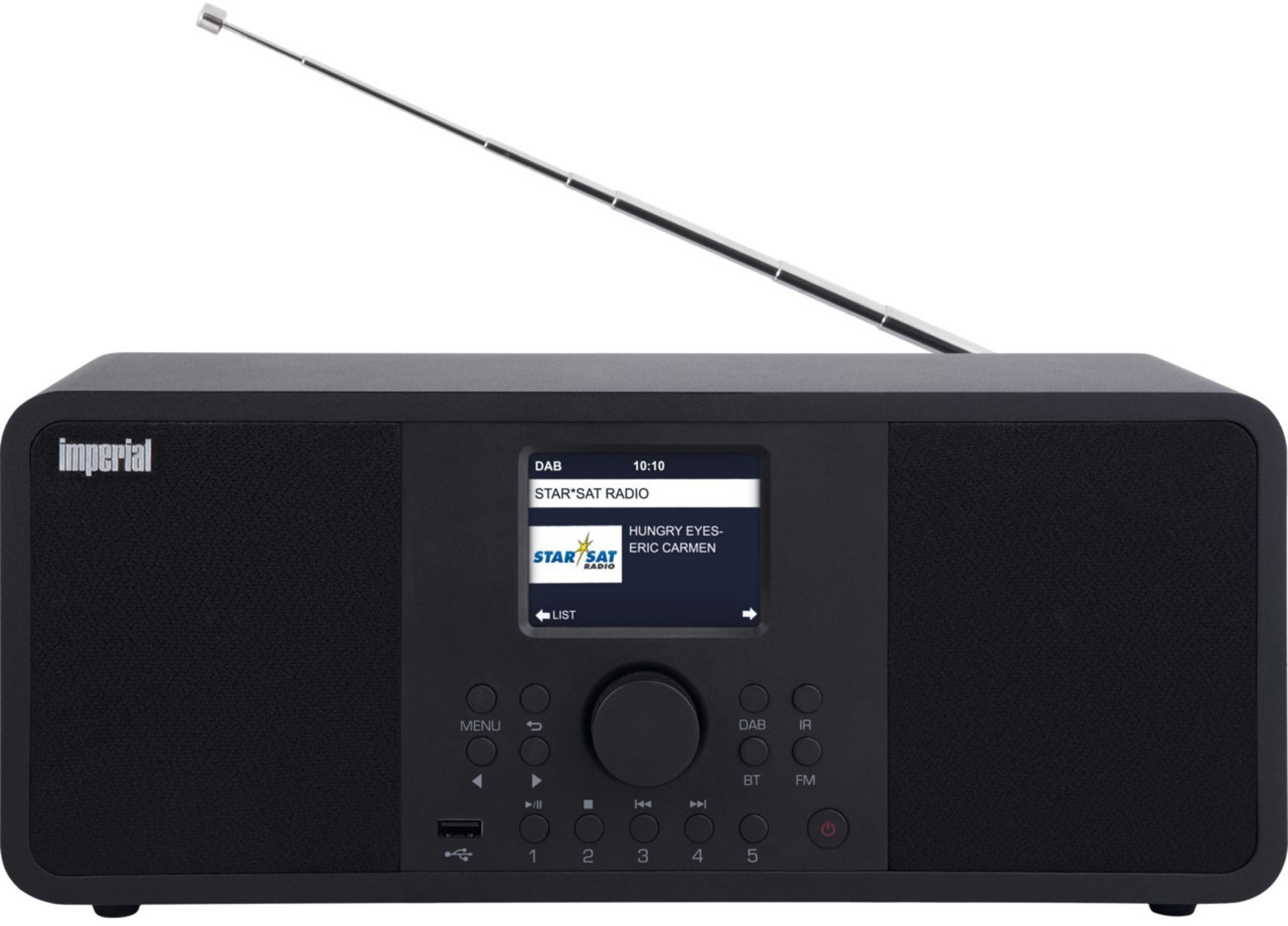 Una radio DAB+ Imperial negra con antena extendida y pantalla.