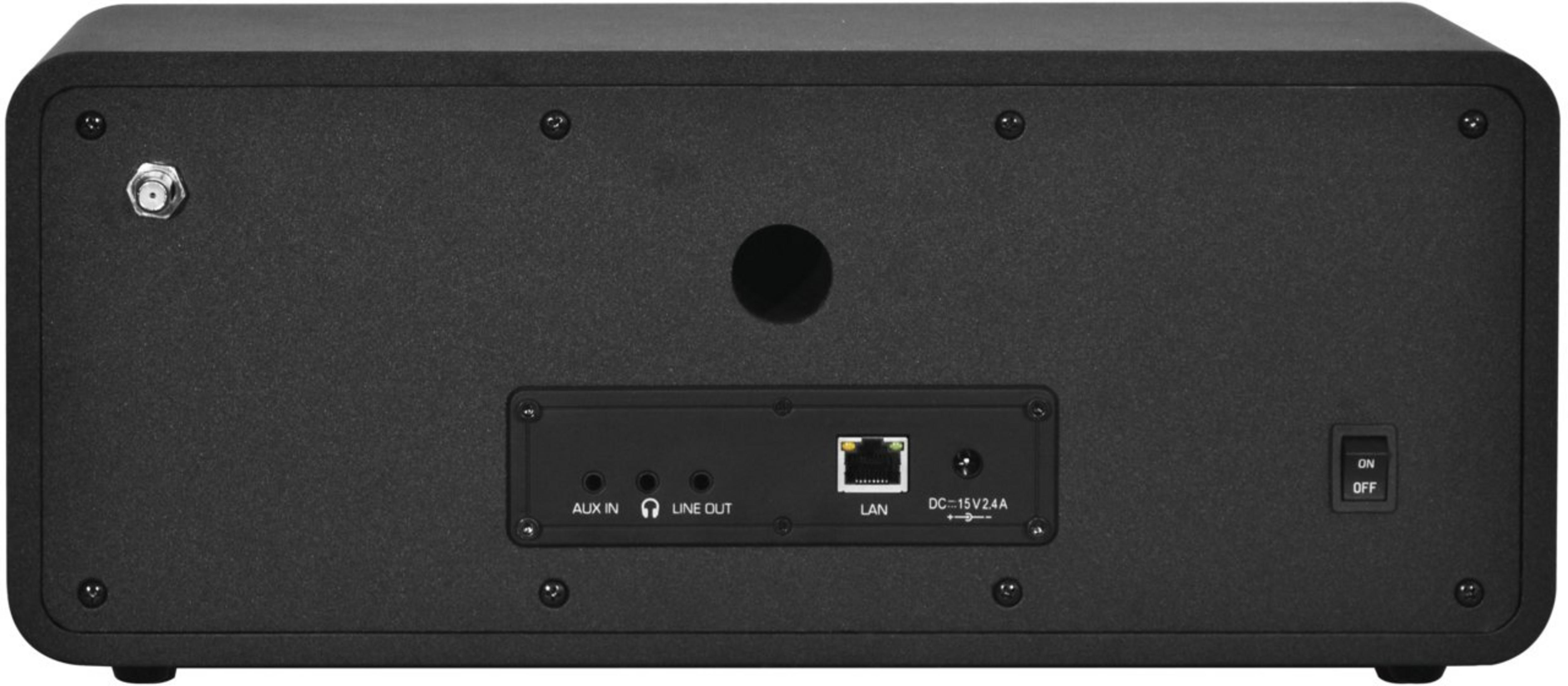Parte trasera de un altavoz negro con puertos: Aux In, Line Out, LAN, DC-In y un interruptor.