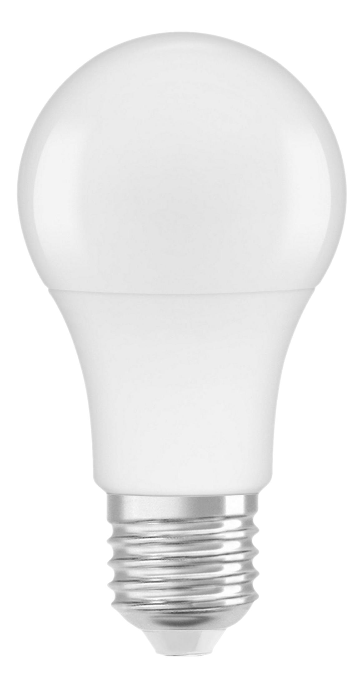 Una lampadina a LED bianca con base a vite argentata su sfondo bianco.
