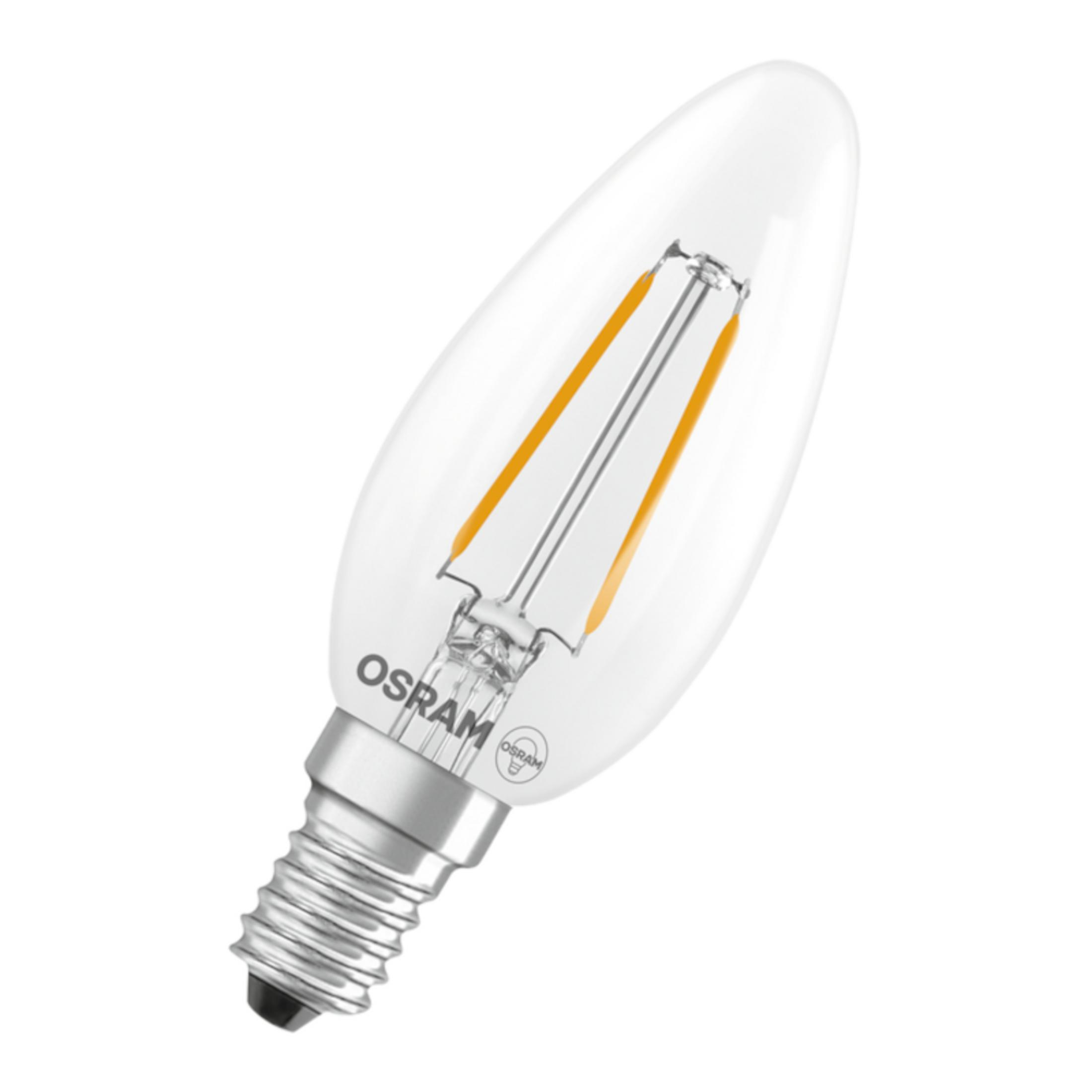 Eine klare LED-Kerzenbirne mit silbernem Sockel und zwei orangen Glühfäden.
