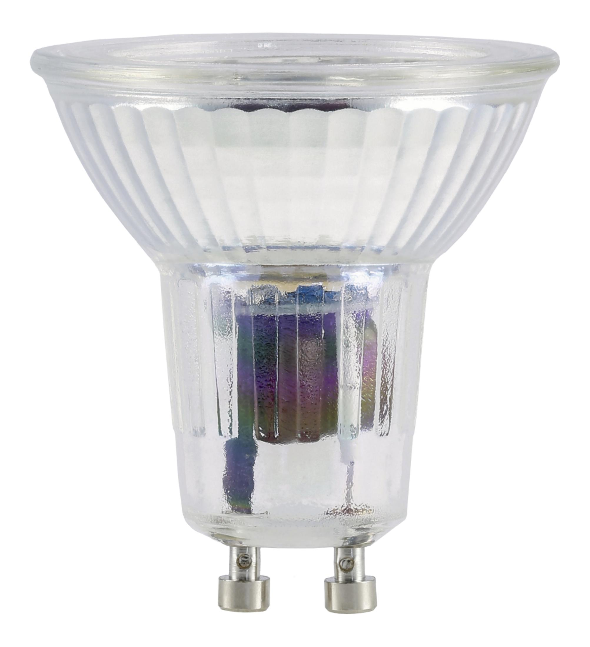 Une ampoule en verre transparent avec deux broches métalliques à la base, sur fond blanc.