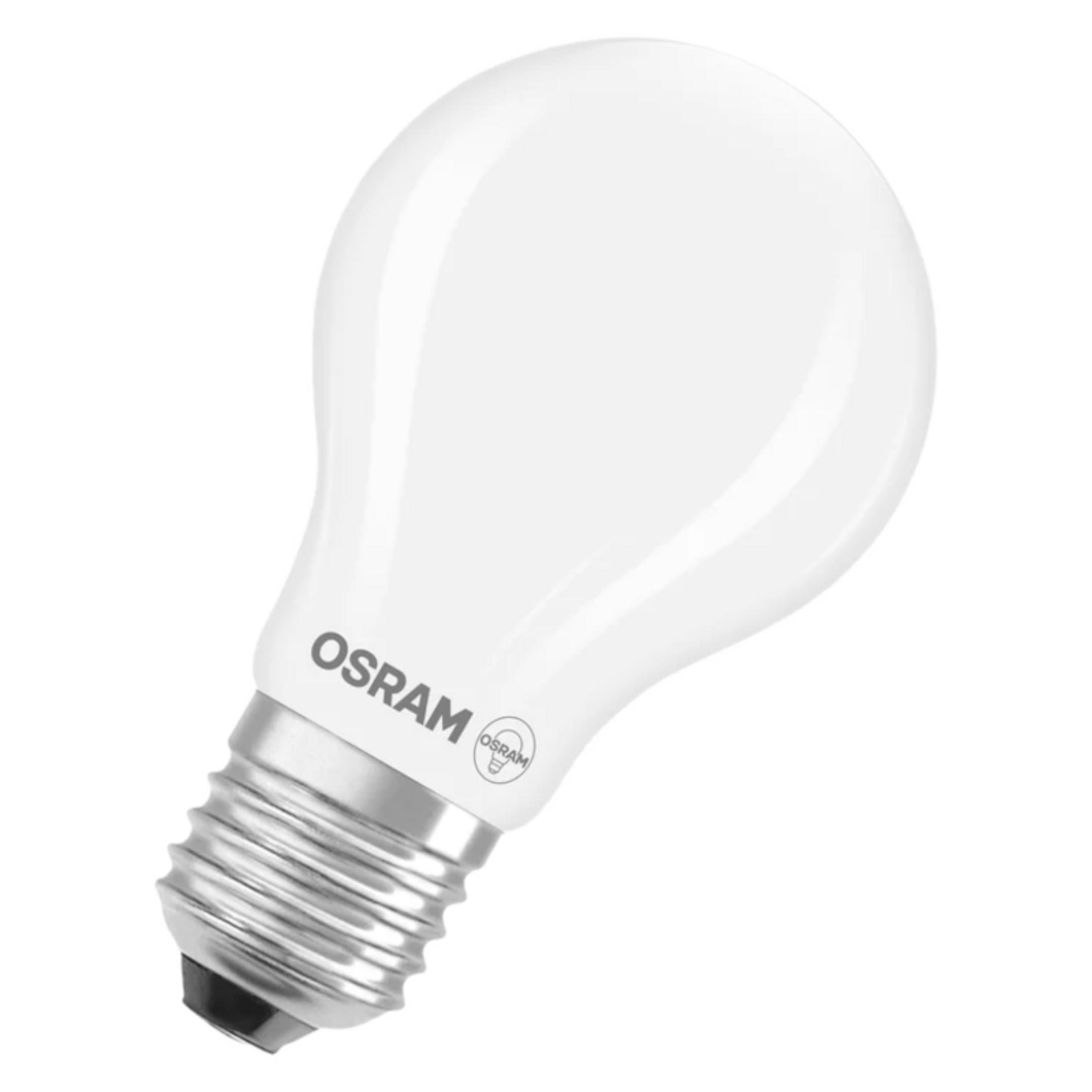 Una lampadina Osram bianca con base a vite su sfondo bianco.