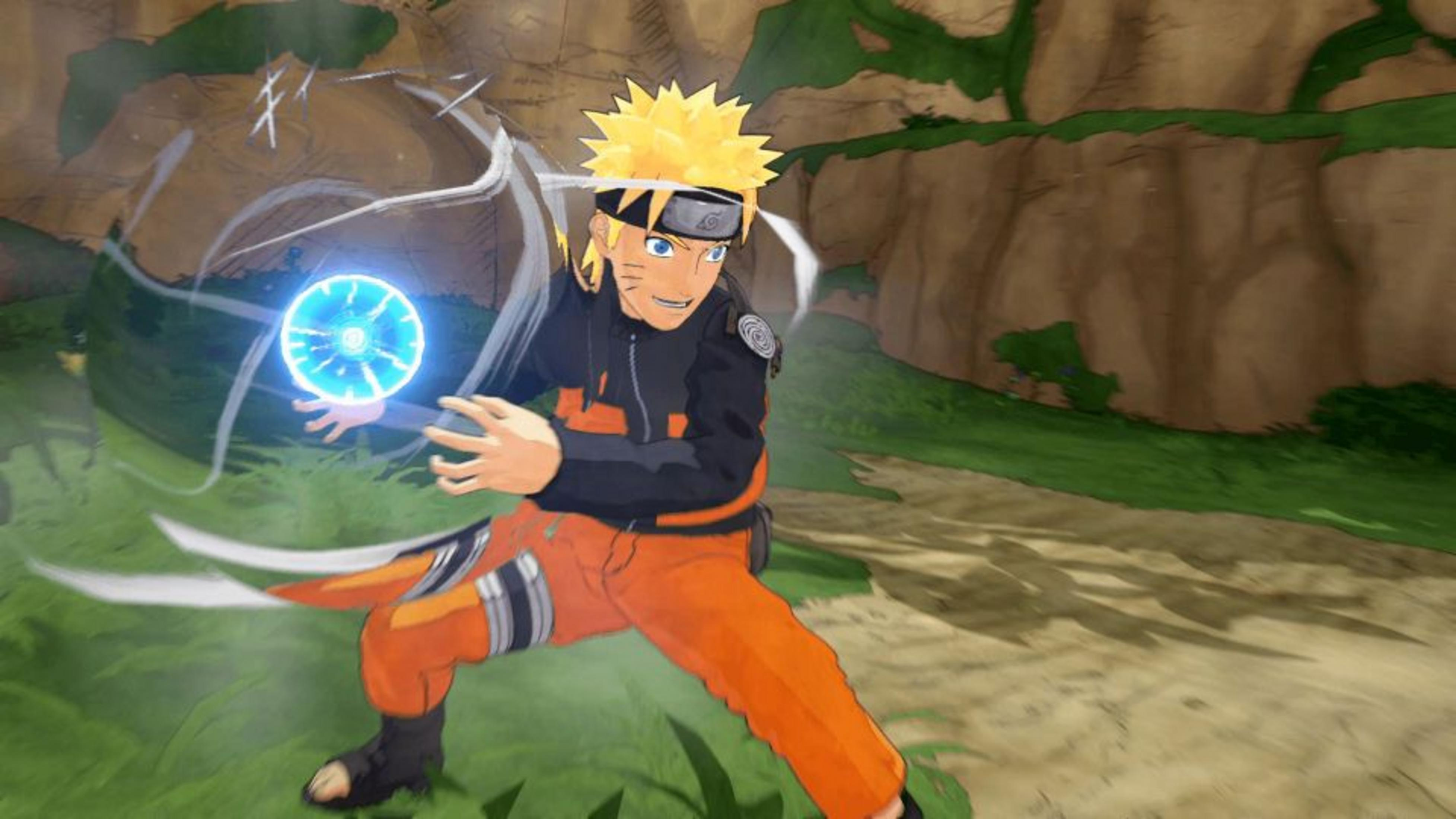 Naruto mit einem blauen Energieball in der Hand, in einer Waldumgebung.