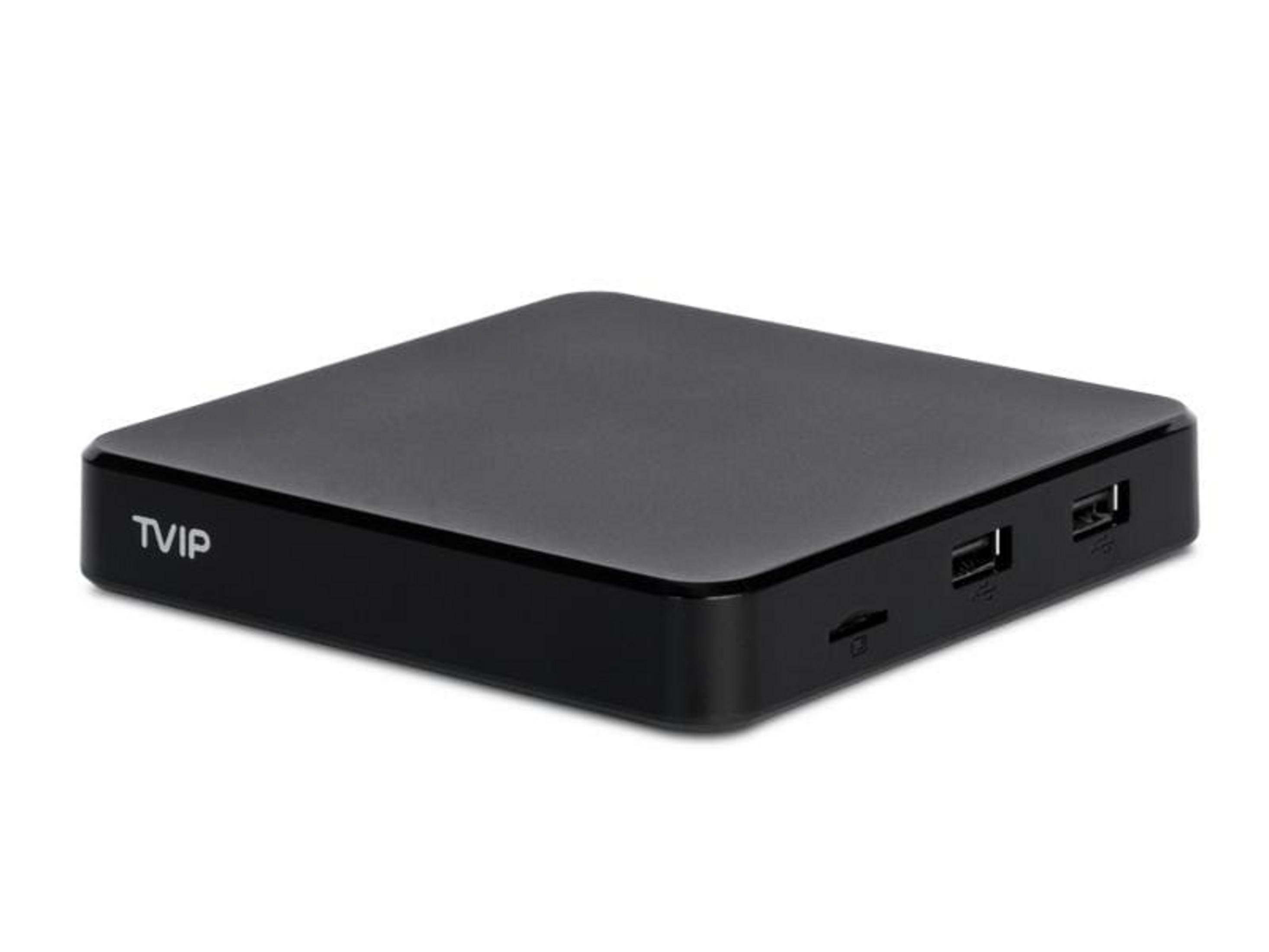 Ein schwarzer TVIP-Mediaplayer mit USB- und SD-Kartenanschlüssen.